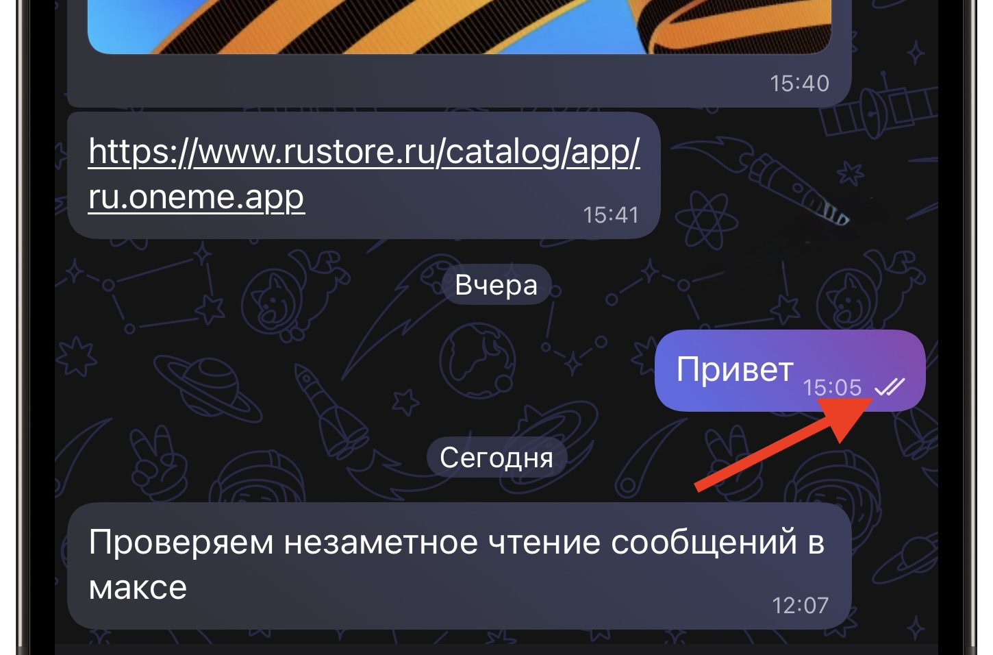 Предпросмотр чата в МАКС без отчёта о прочтении. Вторая галочка означает, что собеседник сообщение прочитал и отвертеться уже не получится. Фото.