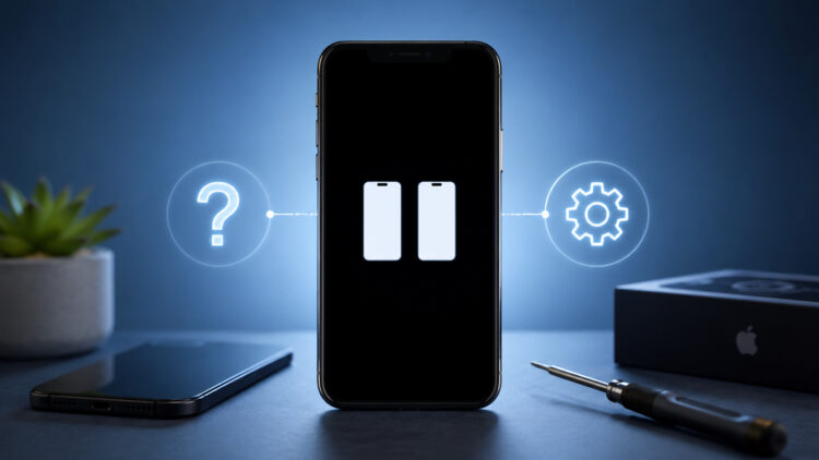 Два белых айфона на чёрном экране iPhone: что это значит и как убрать. Фото.