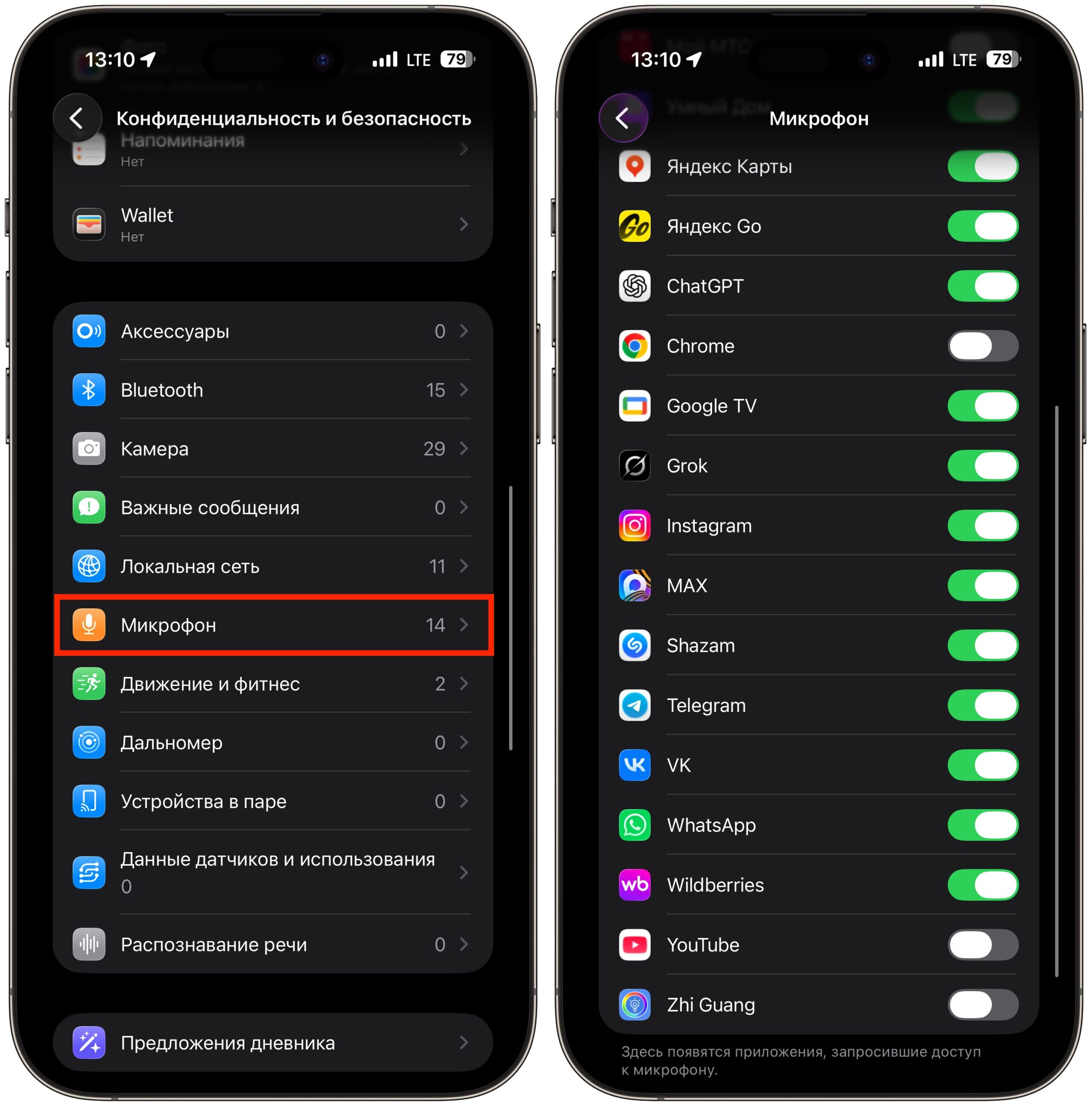 Записывает ли iPhone звук без разрешения пользователя. При желании проверьте настройки здесь и отключите доступ к микрофону для отдельных программ. Фото.