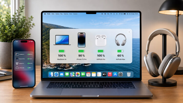 Как смотреть заряд AirPods, iPhone и любых других устройств на Mac. Самый удобный и бесплатный способ. Фото.
