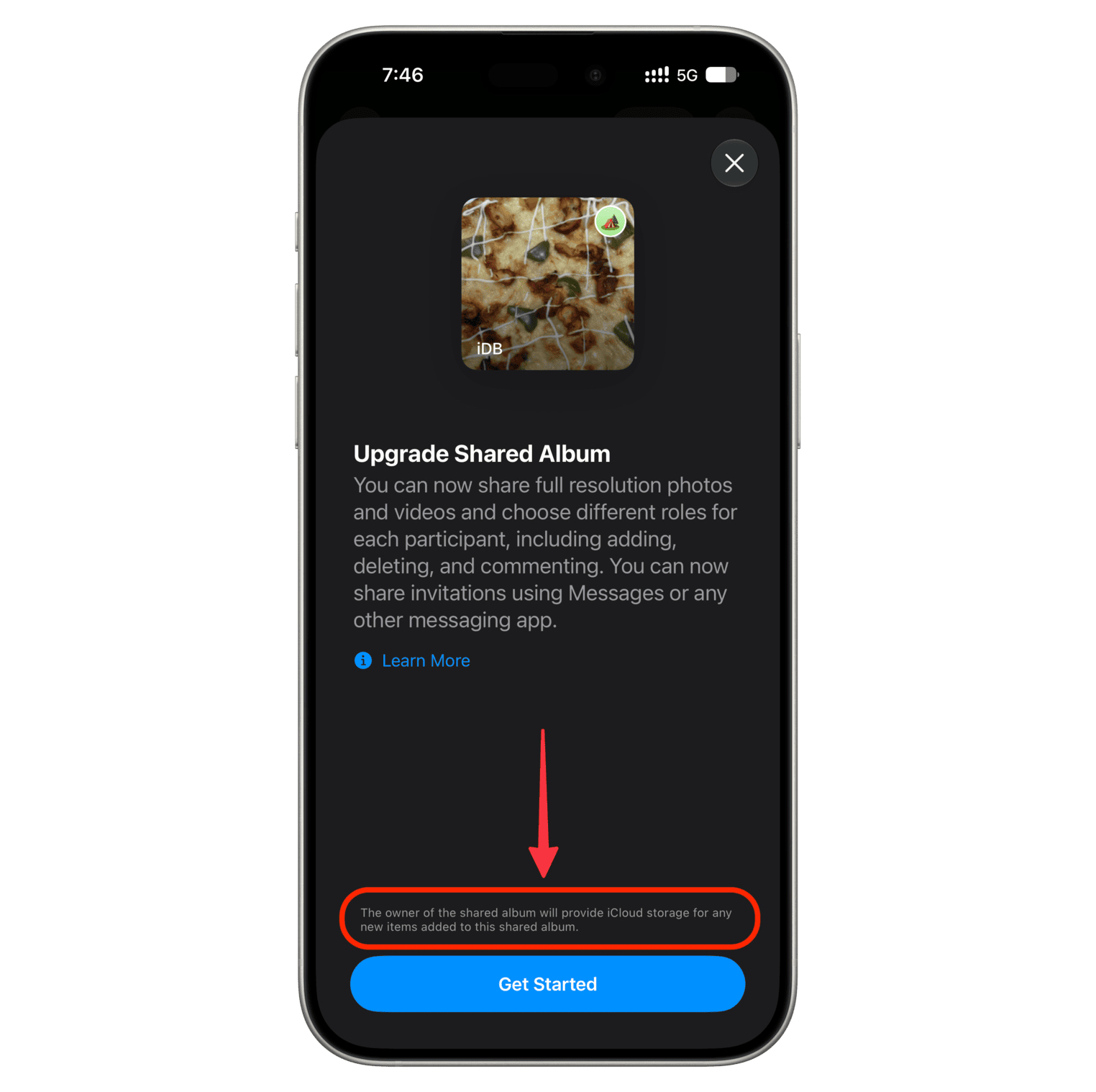Почему не стоит обновлять общий альбом в iOS 27. Если нажать эту кнопку, то общий альбом станет частью вашего хранилища. Фото.