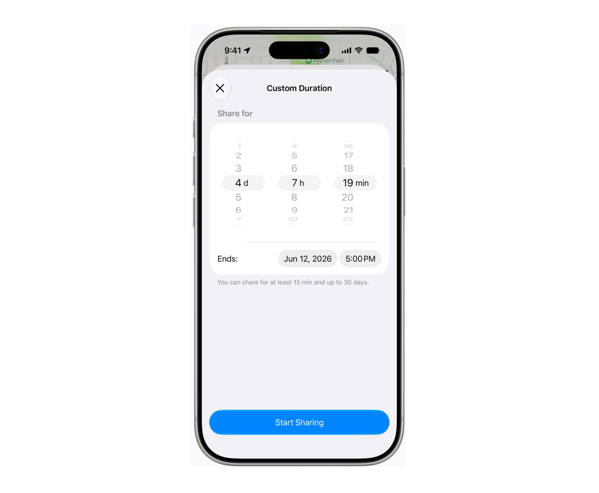 Как настроить срок доступа к геопозиции на iPhone. Вы можете выбирать время, сколько смартфон будет делиться геолокацией. Фото.