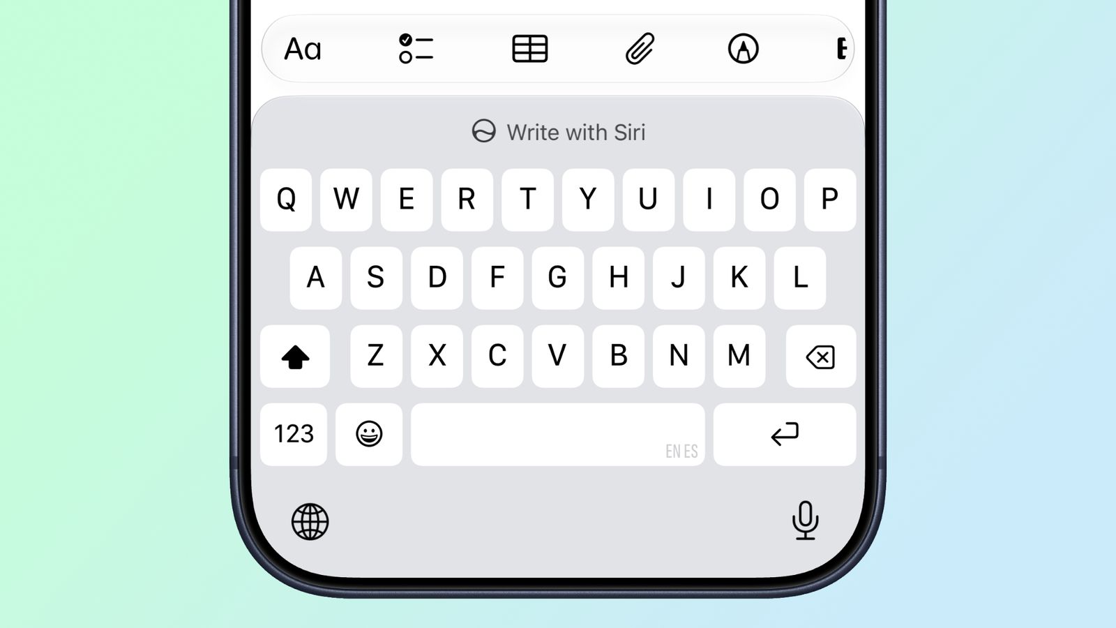 Где находится кнопка написания текста через Siri. Кнопка для работы с текстом находится над клавиатурой. Фото.