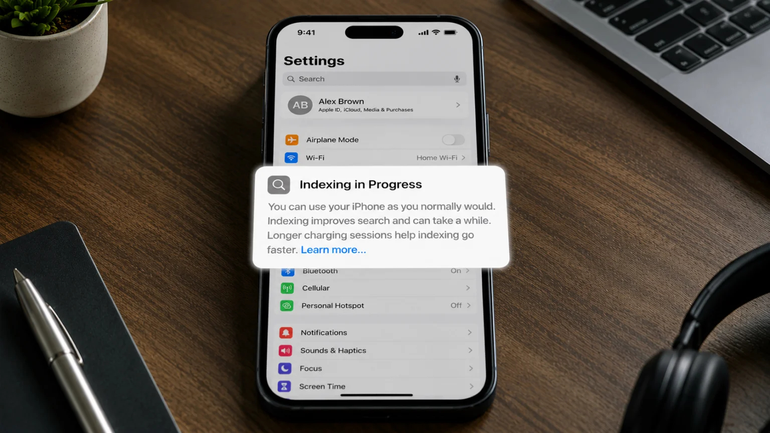 Главные проблемы iOS 27 после обновления. В настройках появилось вот такое уведомление об индексации. Фото.