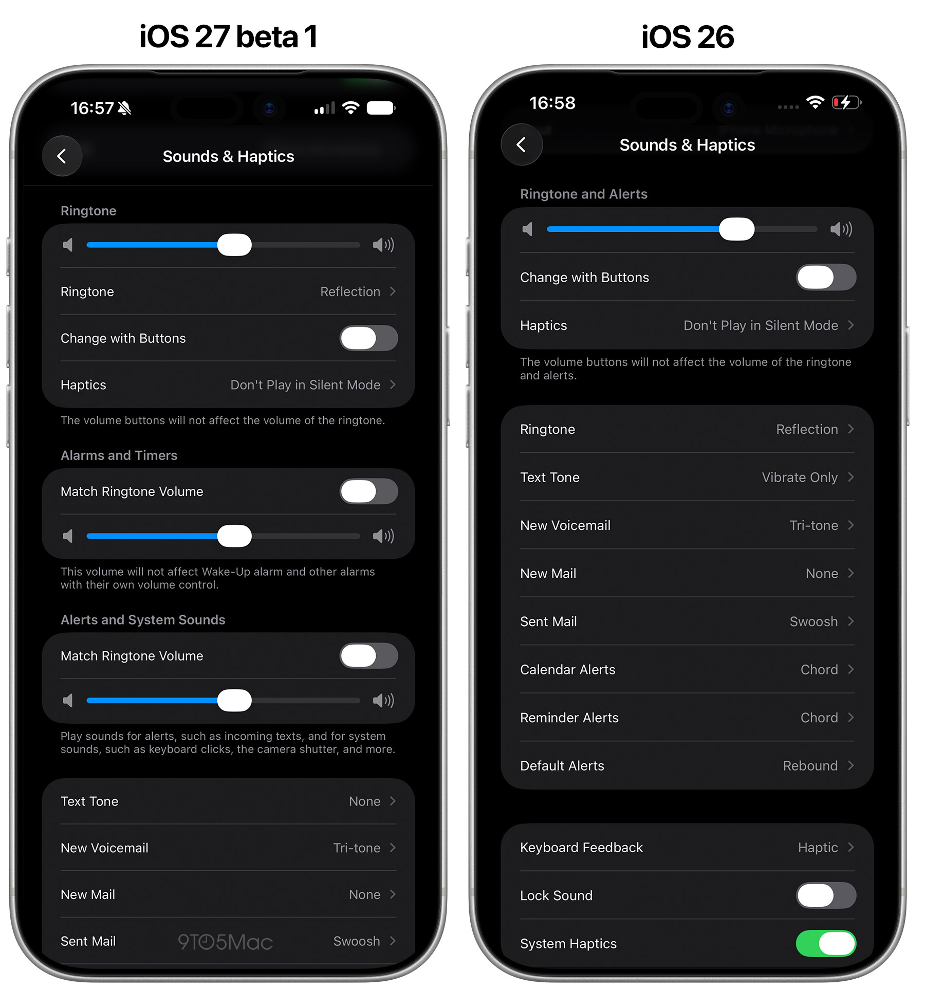 Отдельная громкость будильника и звонка на iPhone в iOS 27. Вот так выглядит интерфейс настройки громкости в iOS 27 и iOS 26. Фото.
