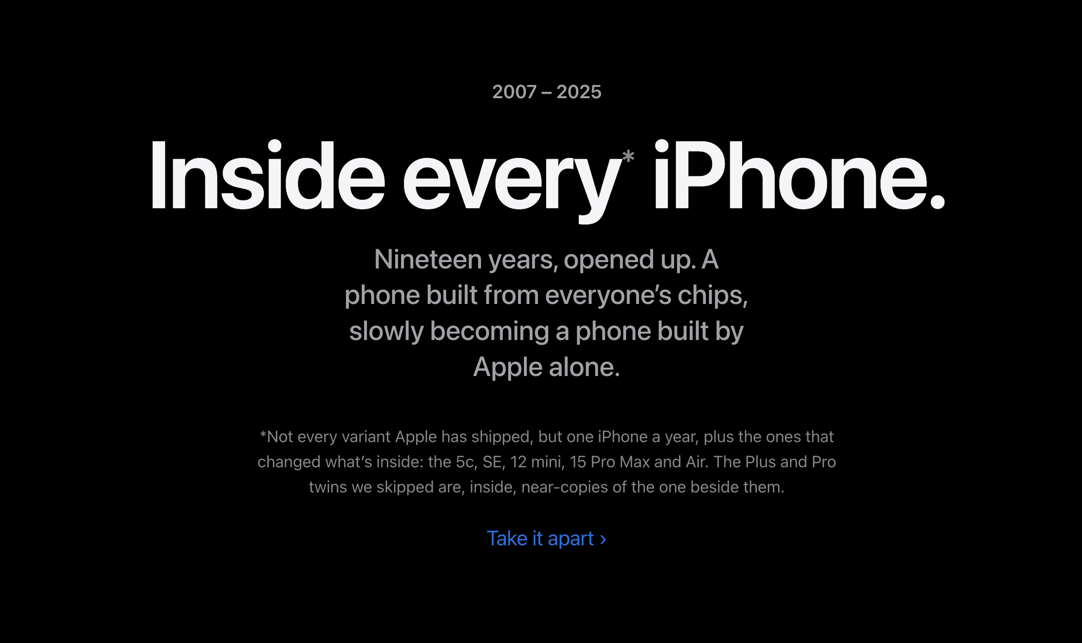 Из чего состоит iPhone: процессоры, камеры и модемы по годам. Сайт встретит вас черным экраном и надписями на английском. Просто начните листать его. Фото.