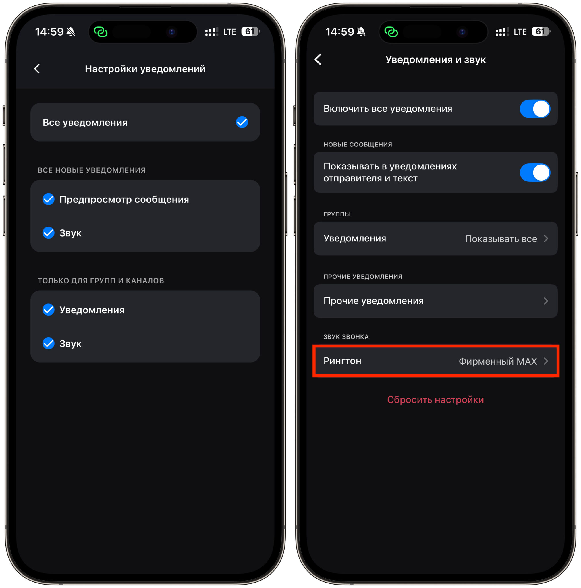 Как изменить звук уведомлений в МАКС на iPhone. Настроек уведомлений в приложении тоже больше (веб-версия слева). Фото.