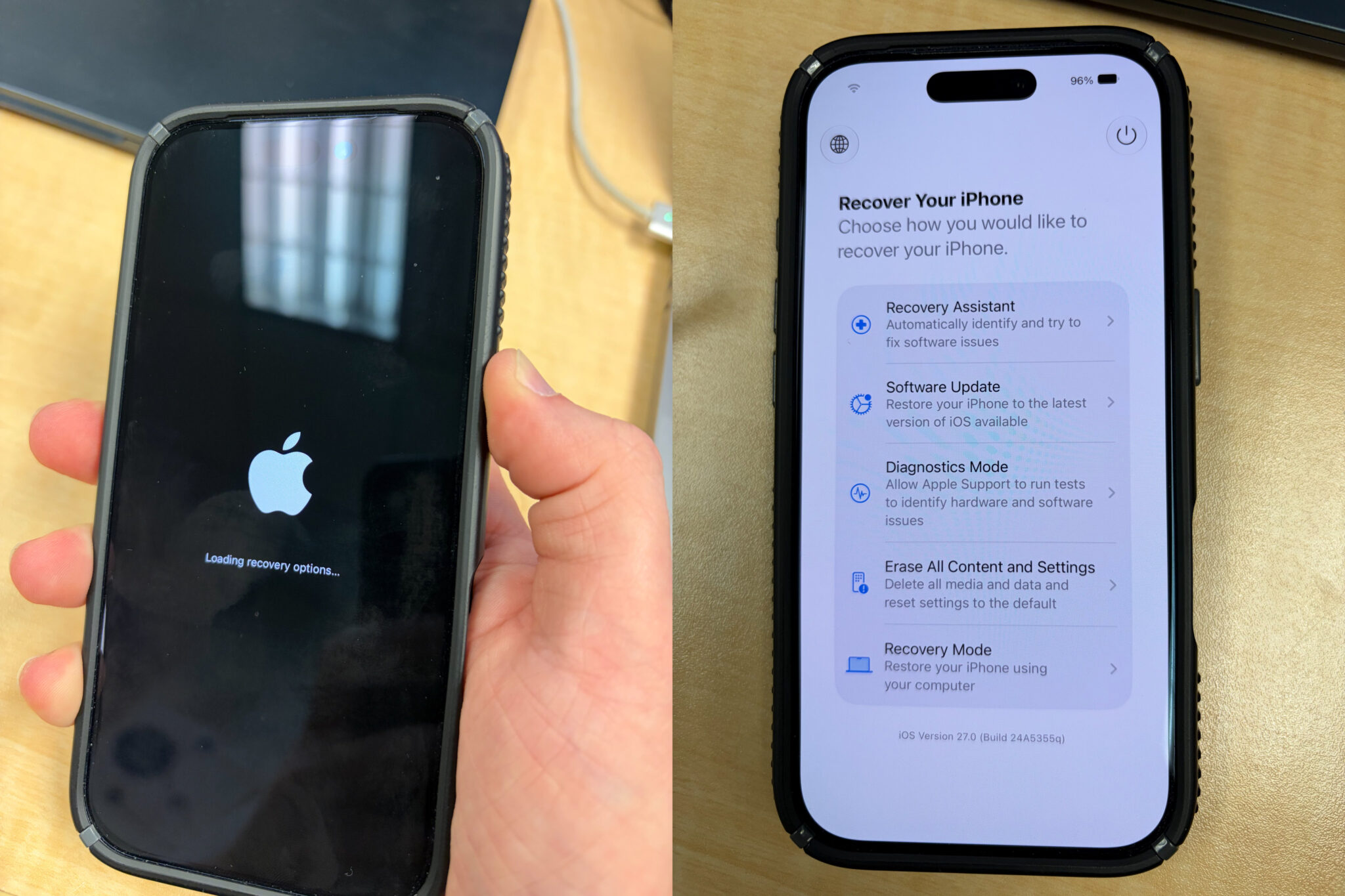 Новый режим восстановления iPhone без компьютера. Айфон покажет специальный экран загрузки и запустит режим восстановления. Фото.