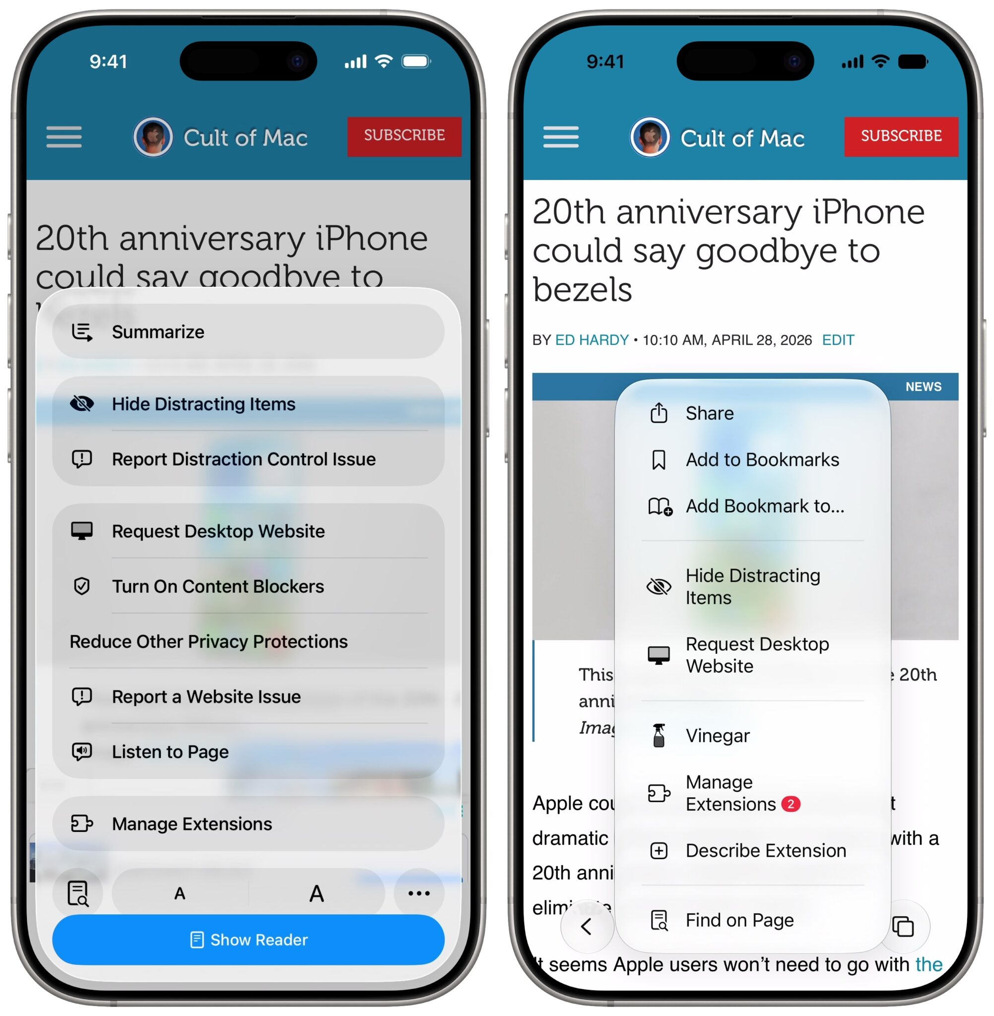 Что изменилось в меню Safari на iPhone. Слева iOS 26, справа iOS 27. Фото.
