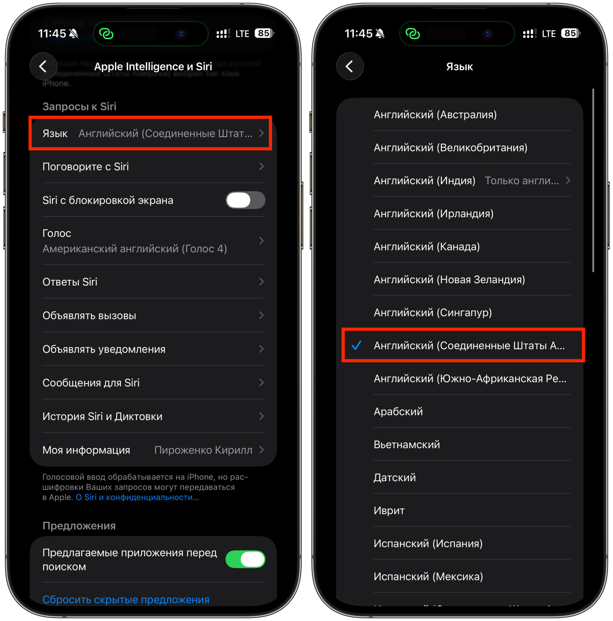 Какой язык и регион нужны для Siri AI на iPhone. Сначала меняем язык Siri. Фото.