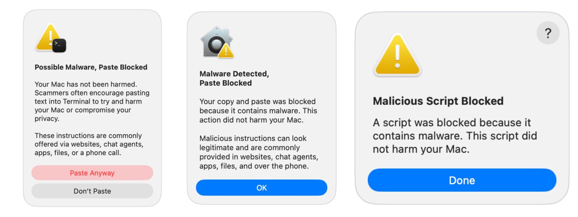 Какие предупреждения показывает macOS при вставке команд. Вот все возможные предупреждения, которые показывает macOS. Фото.