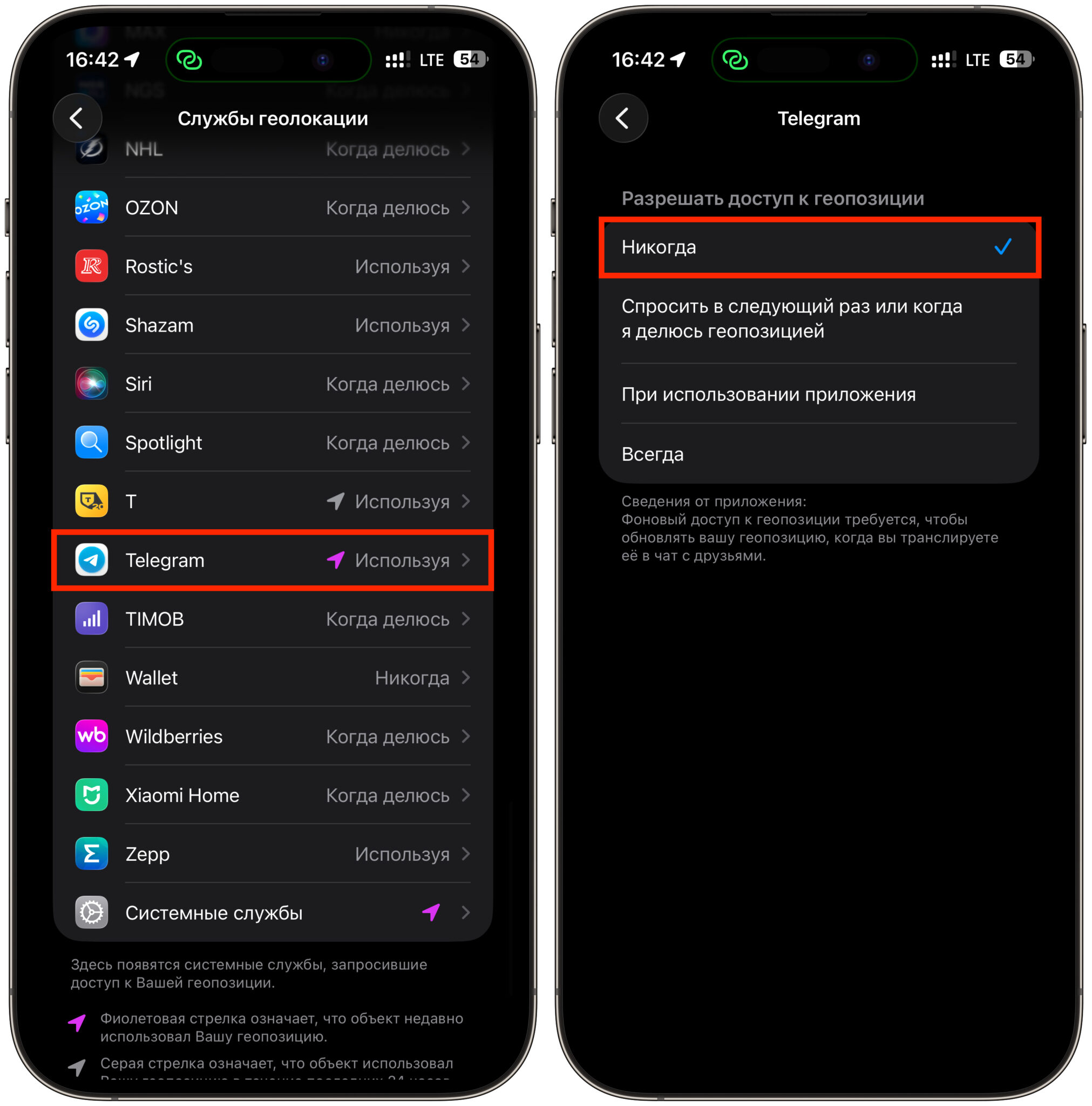Какие разрешения отключить у Telegram и МАКС на iPhone. Доступ к геолокации можно настроить отдельно. Фото.