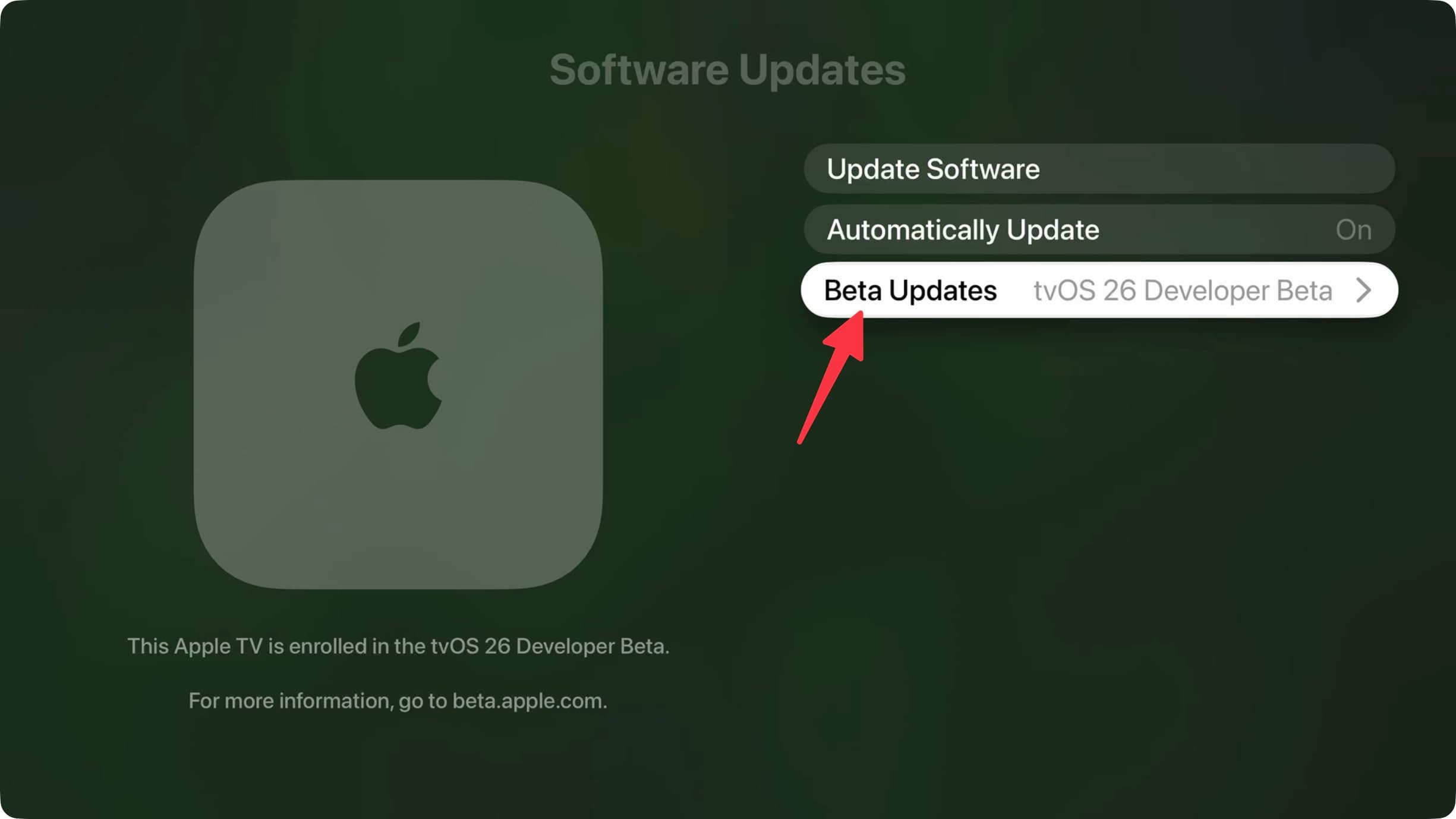 Как скачать tvOS 27 на Apple TV. Выберите раздел «Бета-обновления». Фото.