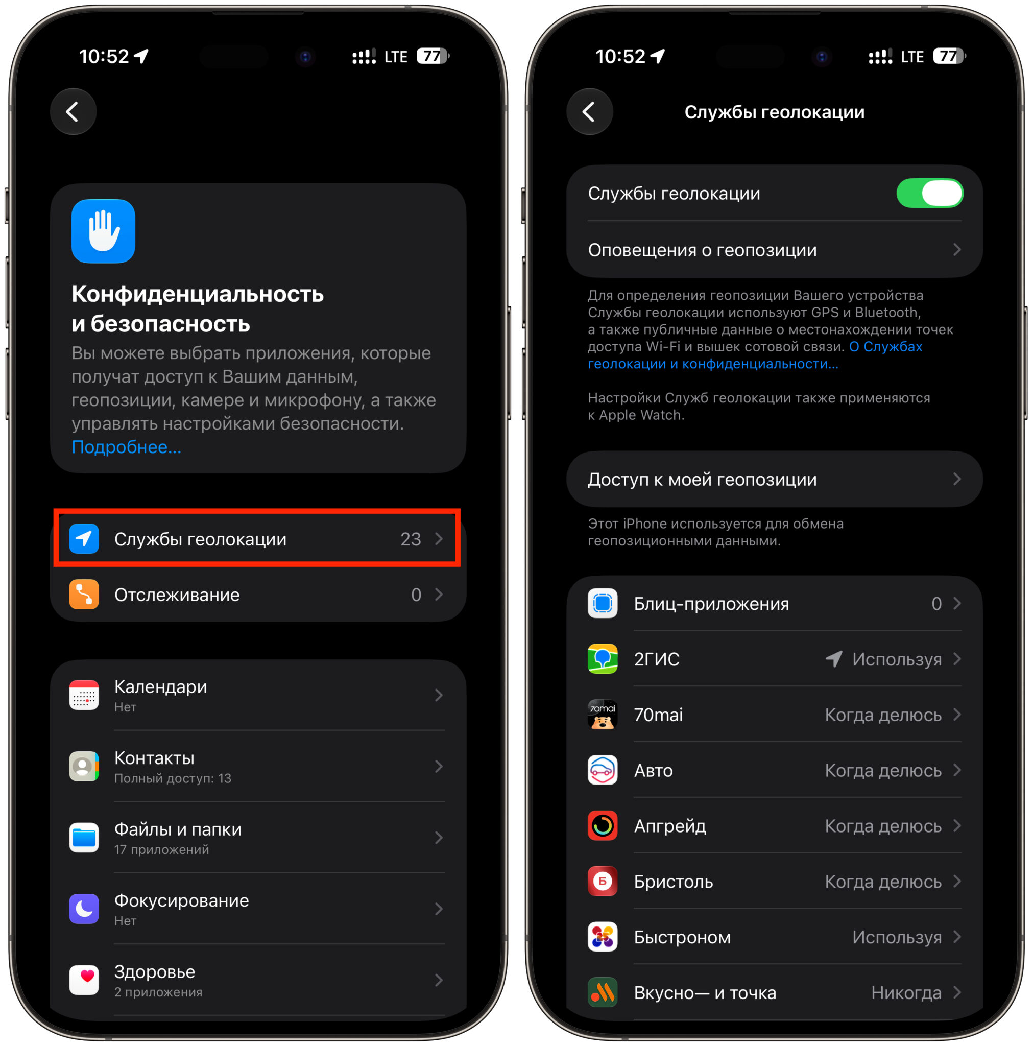 Настройки геолокации iPhone, которые стоит проверить. Давайте доступ к геолокации только тем приложениям, которым он реально необходим, например навигаторам. Фото.
