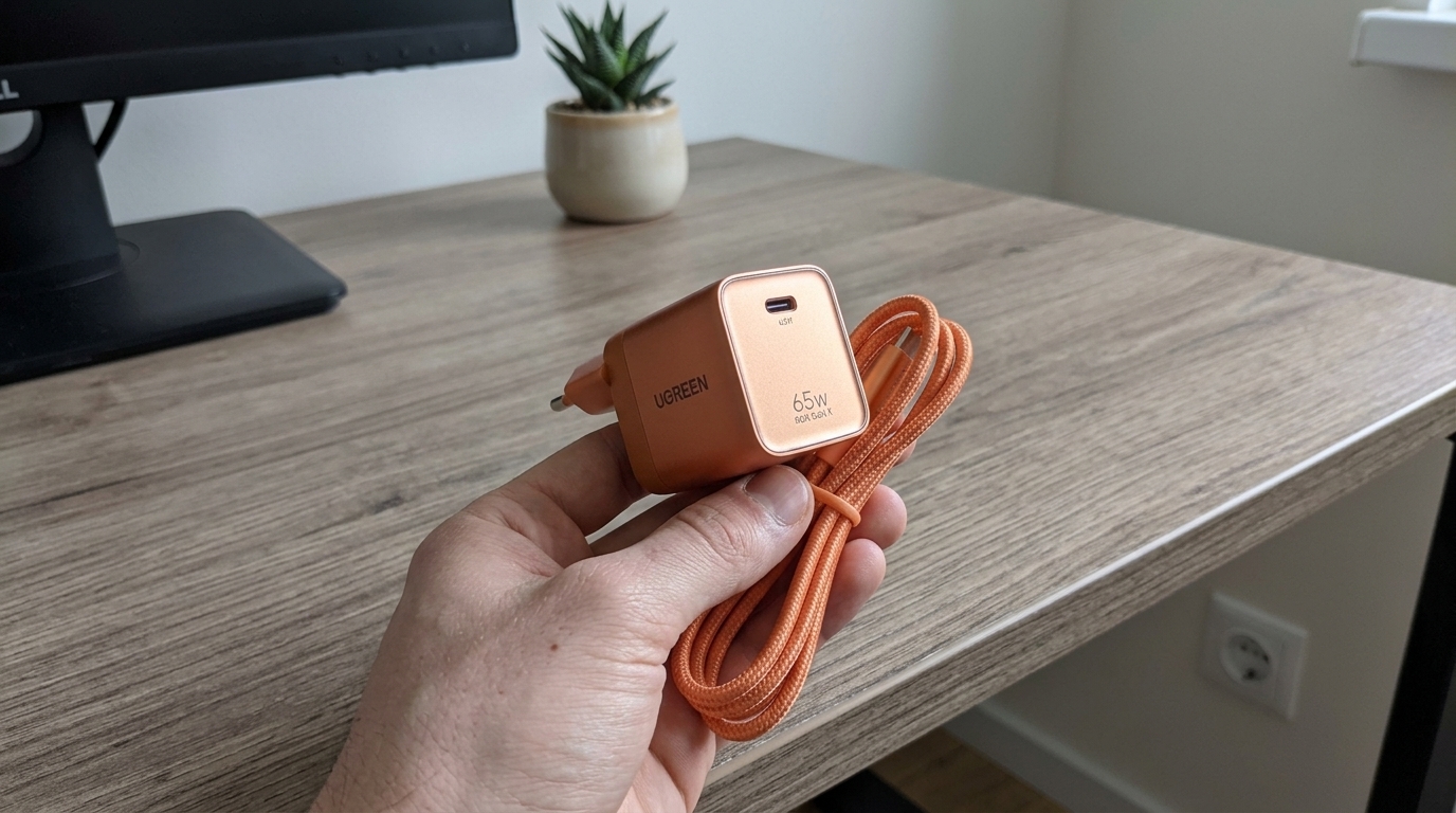 Одна зарядка на 65 Вт для iPhone, iPad и MacBook. Стоит у меня на тумбочке с марта — iPhone, iPad и MacBook Air заряжаю по очереди с одной розетки. Фото.