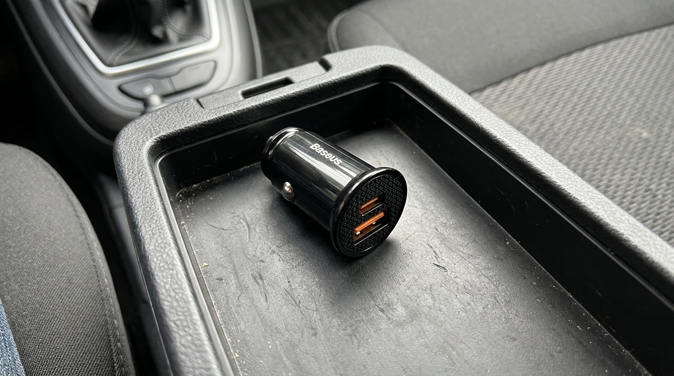 Автомобильная зарядка Baseus вместо комплектного огрызка. Торчит из прикуривателя, не раздражает — и заряжает iPhone по-быстрому. Фото.
