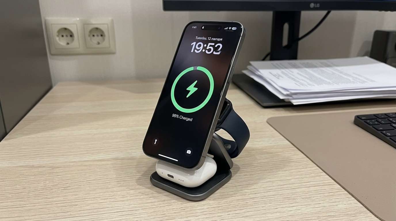 Магнитная зарядка для iPhone, Apple Watch и AirPods в одном. Складывается в ладонь — беру в каждую поездку вместо трёх отдельных зарядок. Фото.