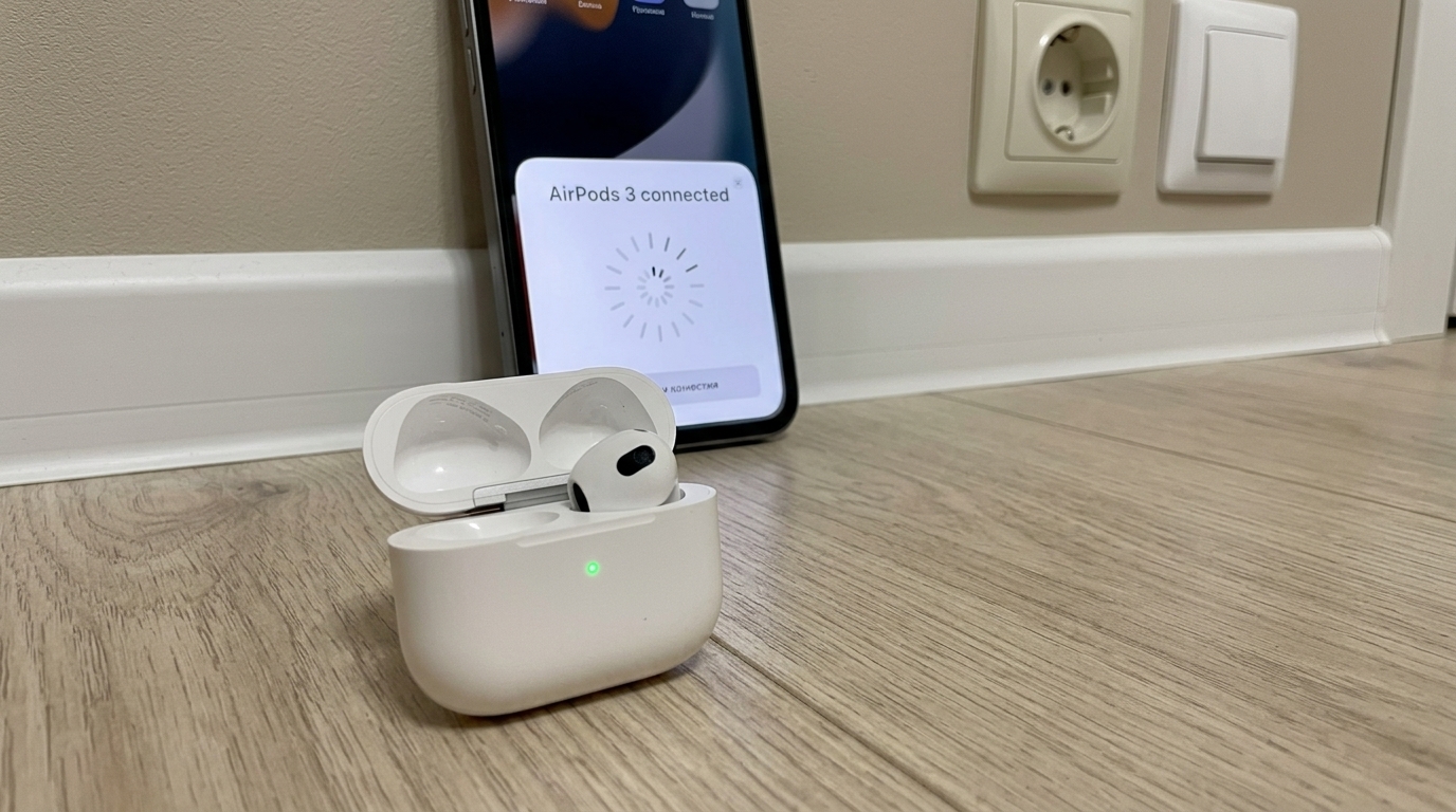 Копия AirPods 3 с анимацией подключения на iPhone. Подключил к iPhone — выскочила та самая анимация, как у оригинала. Фото.