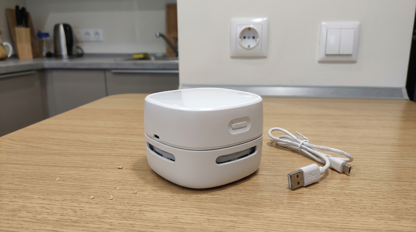 Настольный мини-пылесос — собрал им крошки из клавиатуры своего Mac. Стоит рядом с монитором — хватаю после каждого обеда за компьютером. Фото.