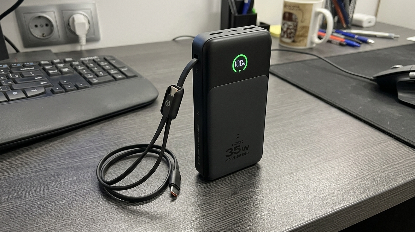 Компактный повербанк MOVESPEED P20 для зарядки Айфона. Таскаю в кармане джинсов — не оттягивает и не мешает. Фото.