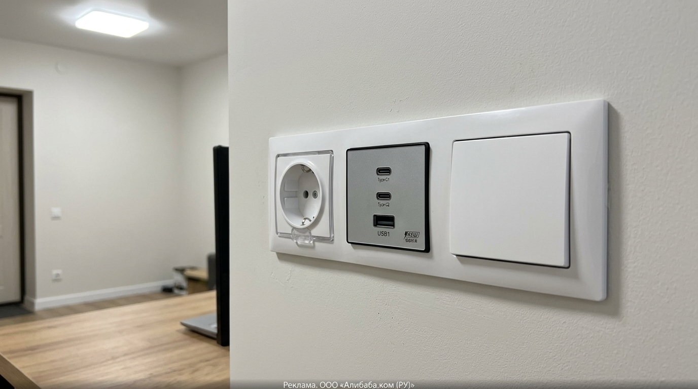 Встраиваемая розетка с USB-C для зарядки iPhone прямо из стены. 65 Вт из стены напрямую — адаптеры на столе больше не нужны. Фото.