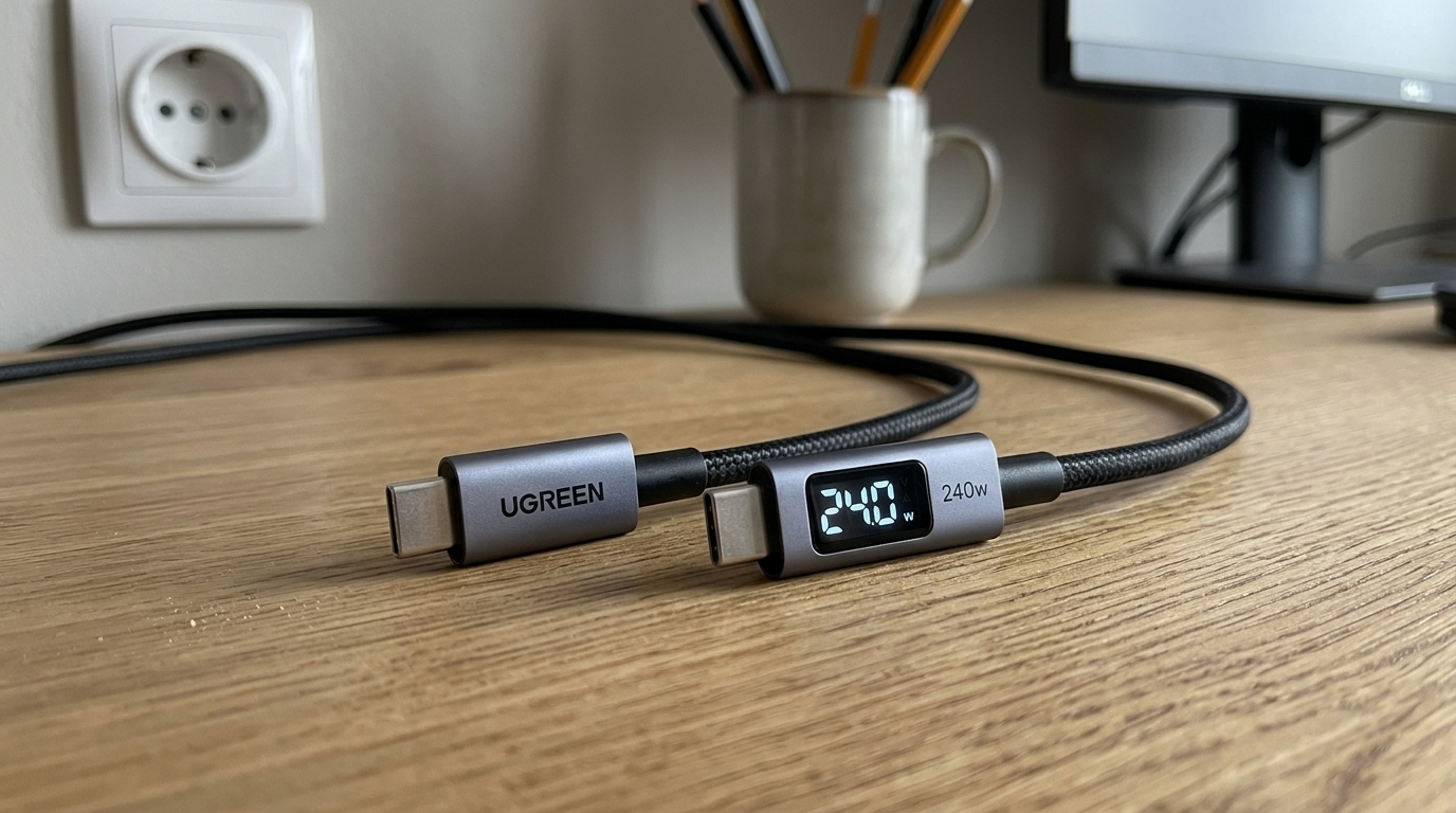 UGREEN: кабель USB-C с дисплеем, который показывает мощность зарядки. Подключил MacBook — на экранчике сразу видно, идёт ли зарядка на 65 Вт или кто-то мухлюет. Фото.