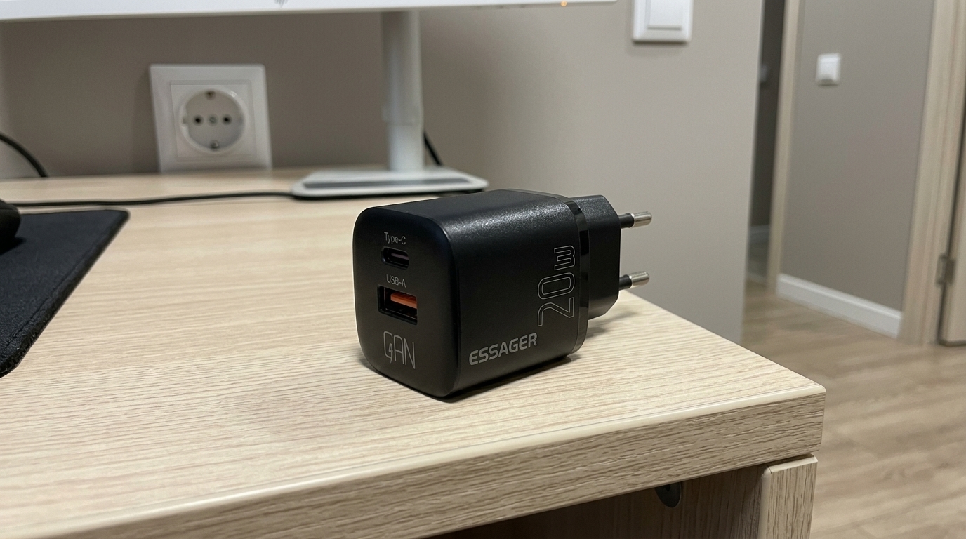 Компактная GaN-зарядка Essager для iPhone и не только. Меньше оригинального адаптера Apple, а заряжает быстрее — логично же. Фото.