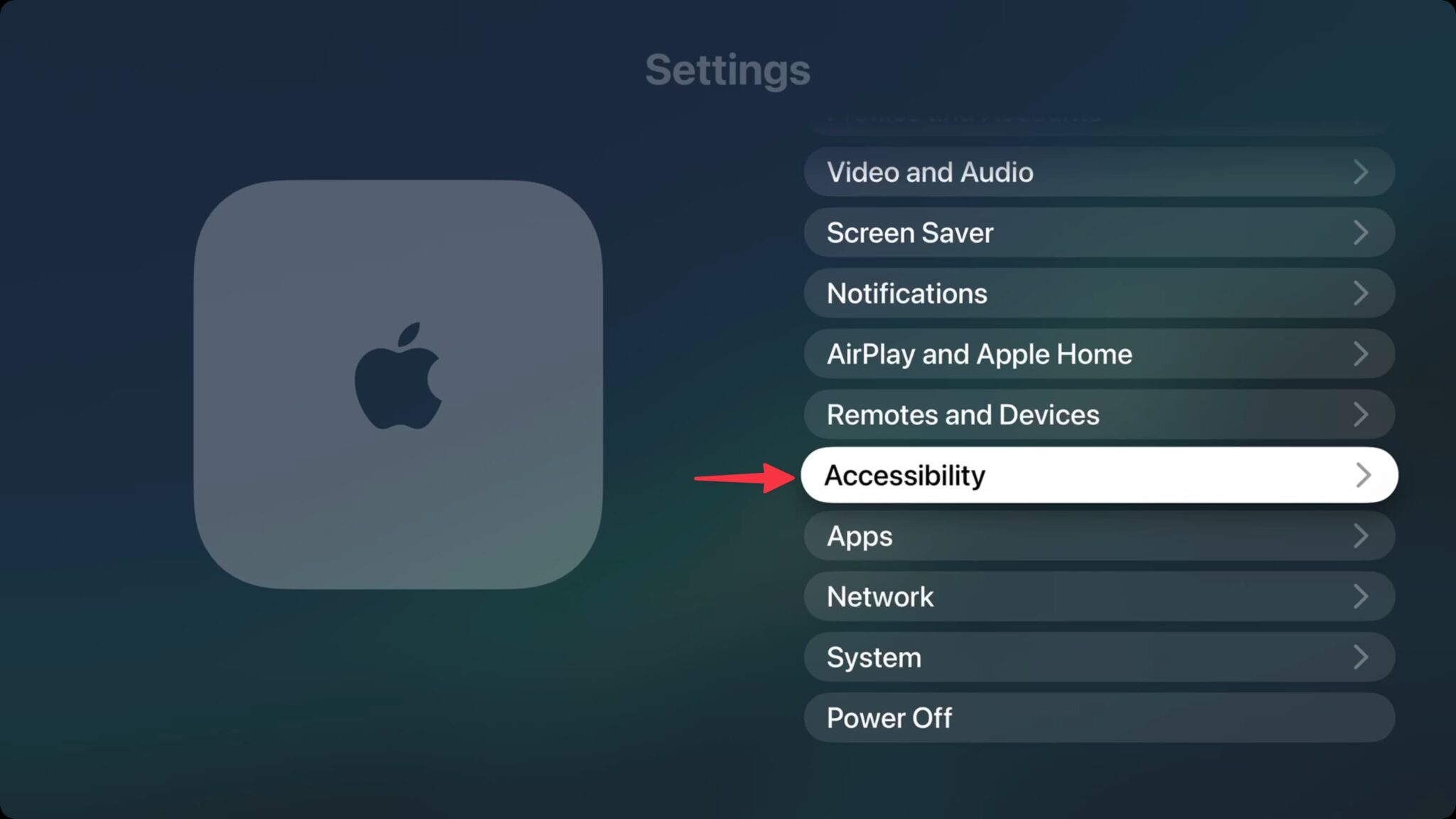 Как изменить размер текста на Apple TV. Выберите универсальный доступ. Фото.