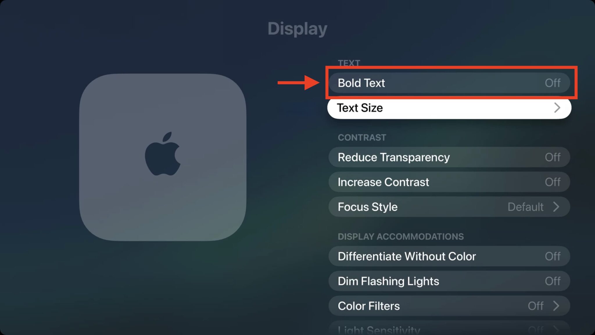 Как включить жирный шрифт на Apple TV. Здесь же можно активировать жирный шрифт. Фото.