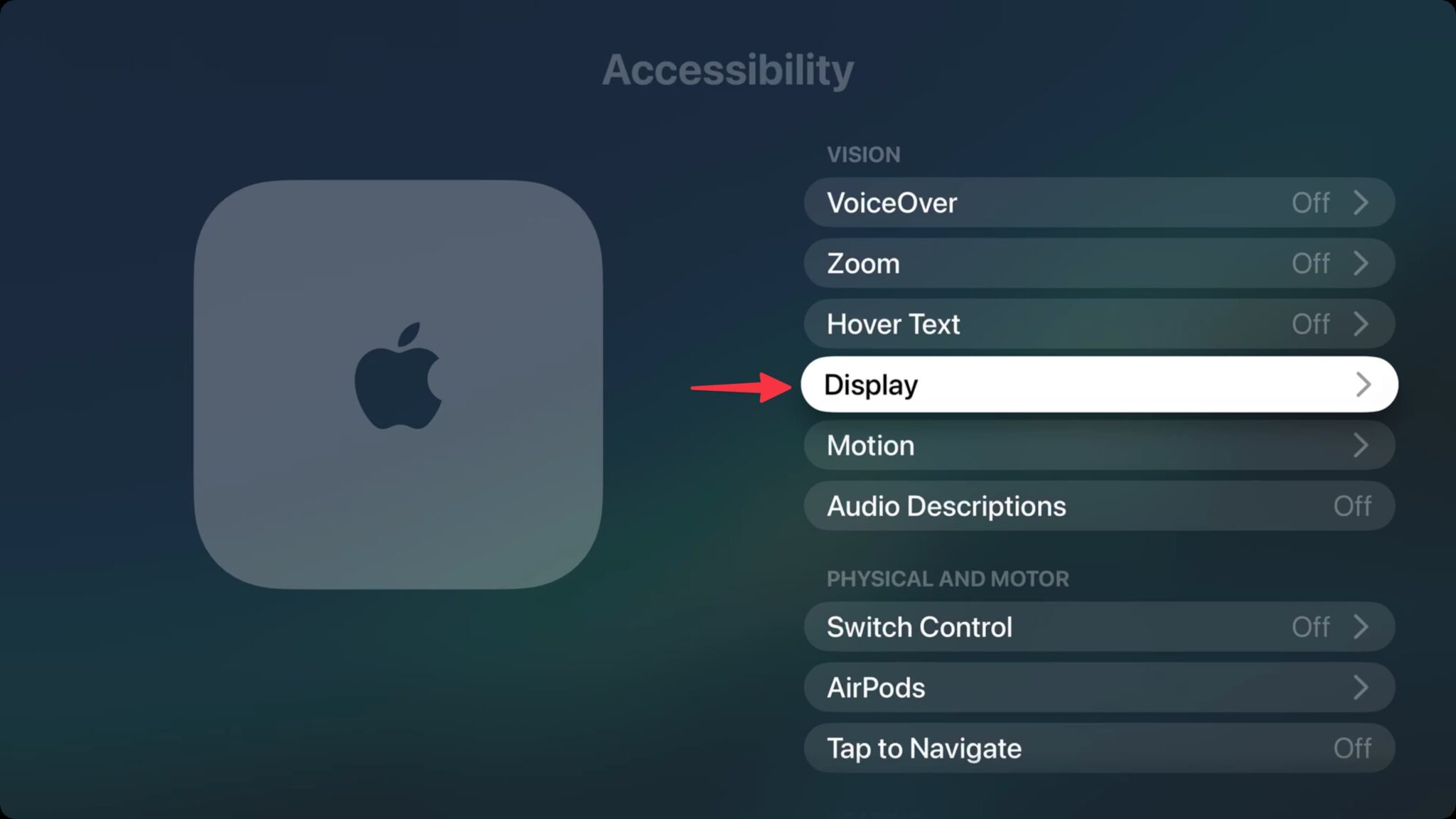 Как изменить размер текста на Apple TV. Перейдите в раздел связанный с экраном. Фото.