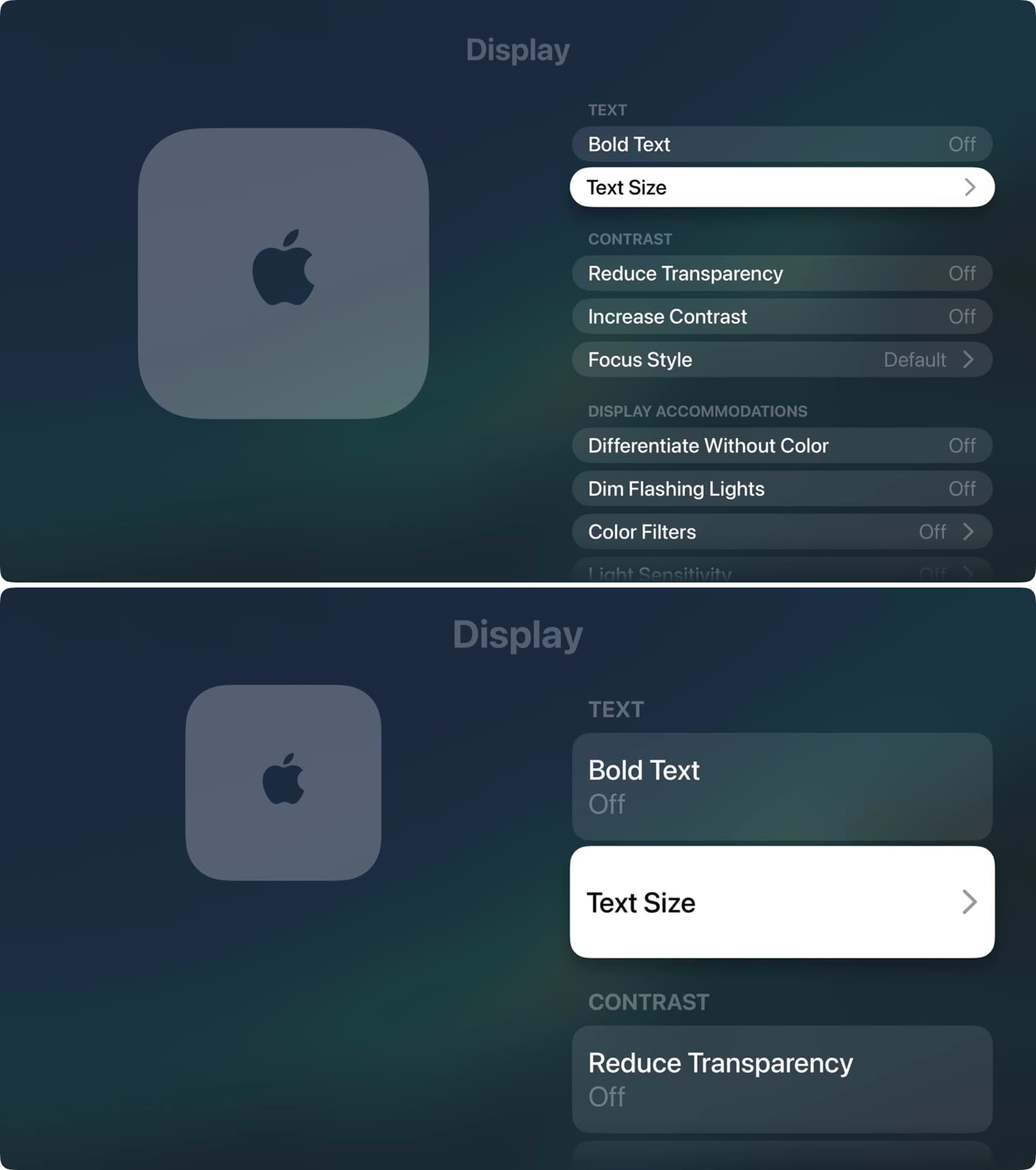 Как изменить размер текста на Apple TV. Стандартный размер сверху, увеличенный снизу. Фото.