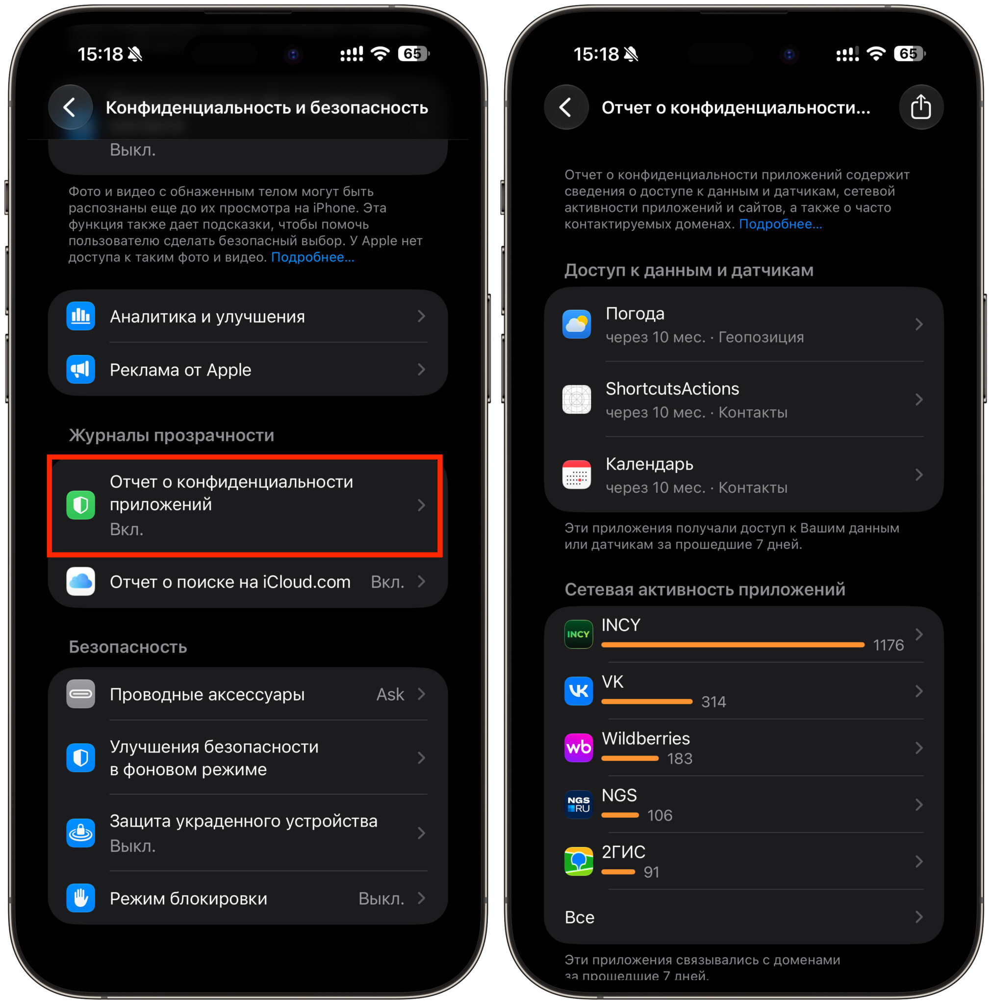 Что показывает Отчет о конфиденциальности iPhone. Здесь видно, какие приложения что делают на вашем смартфоне. Фото.