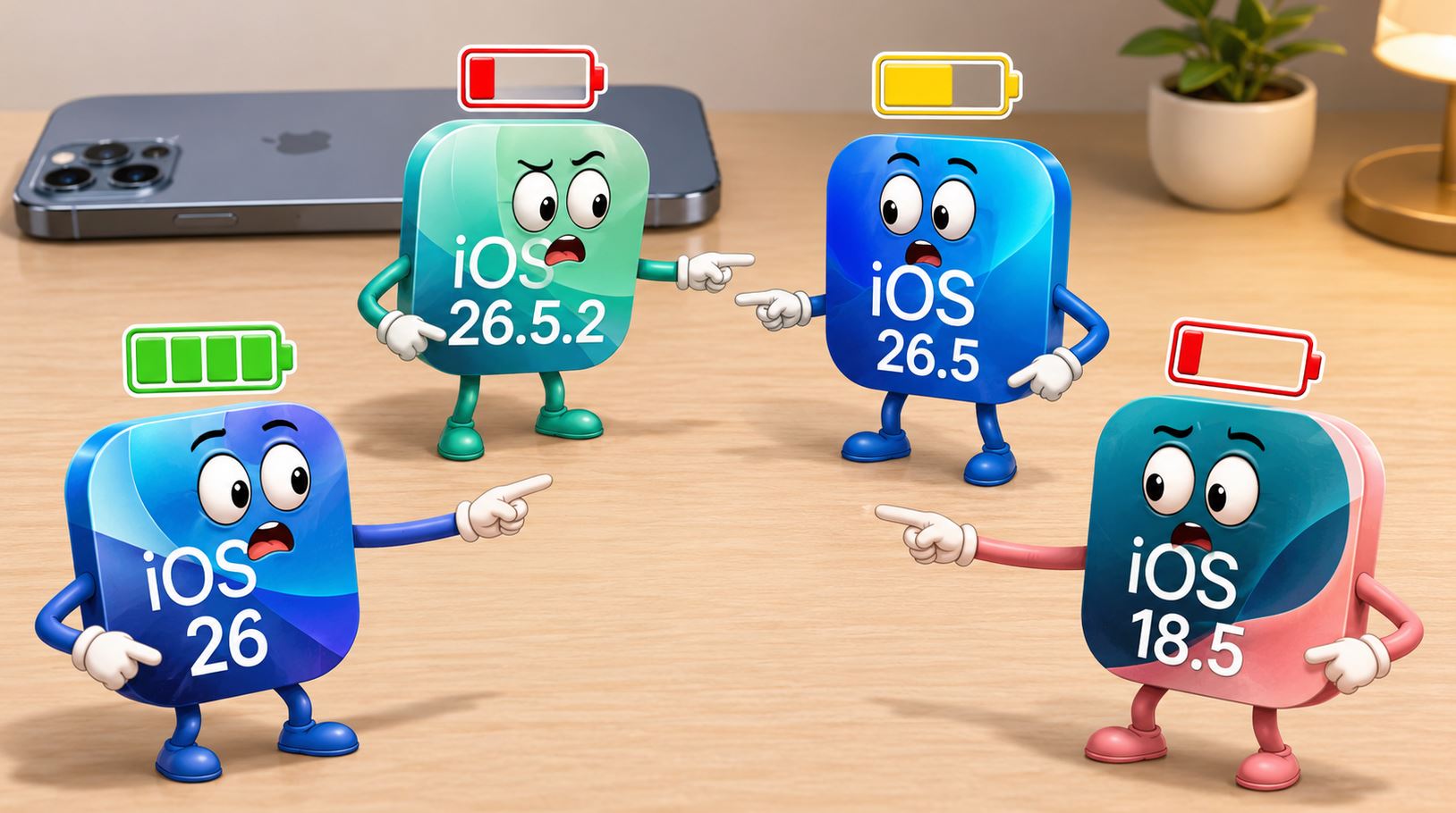 iOS 26.5.2 — сравнение автономности с iOS 26.5 и iOS 18.5. Сравнение нескольких версий позволяет понять, что происходило с автономностью в течение года. Фото.