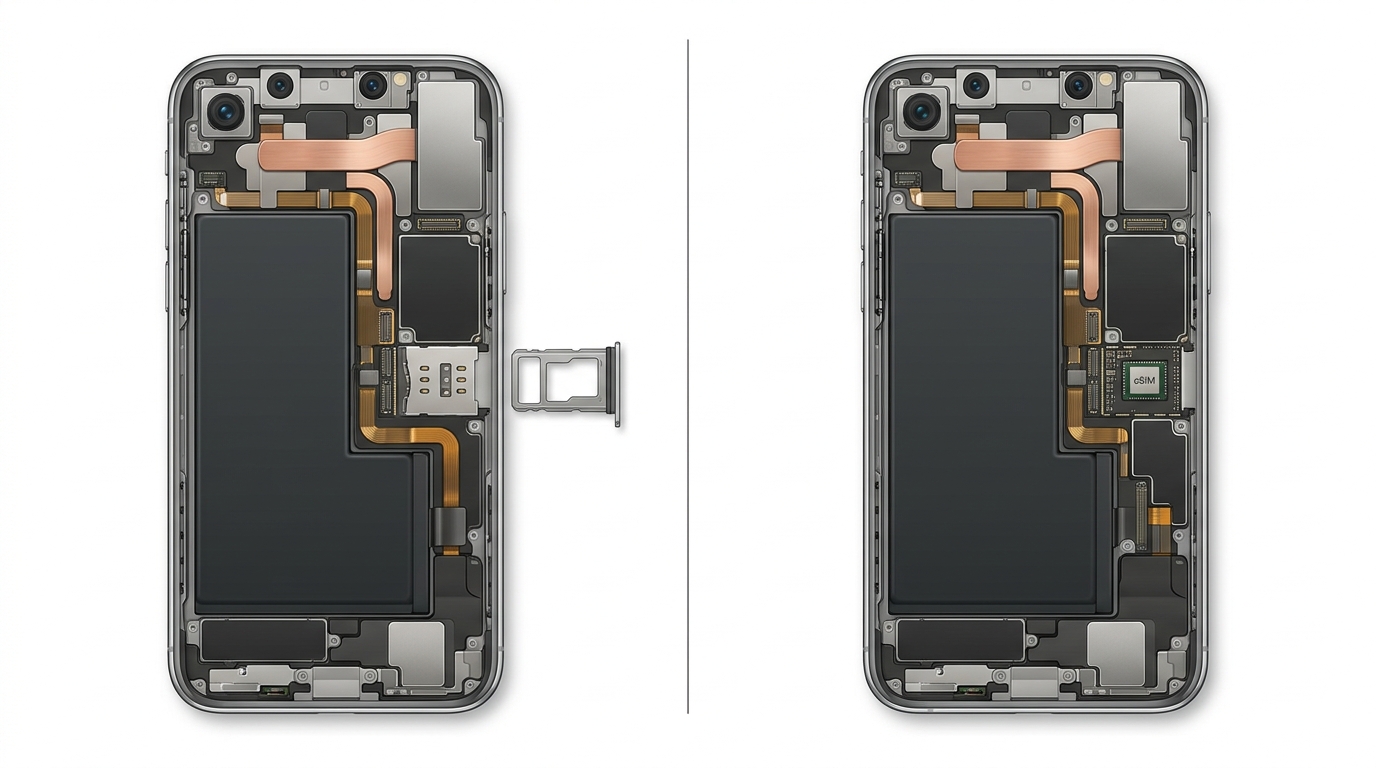 Почему eSIM-версия iPhone 18 Pro Max получает батарею больше, чем версия с SIM. Внутри версии с eSIM банально больше свободного места. Фото.