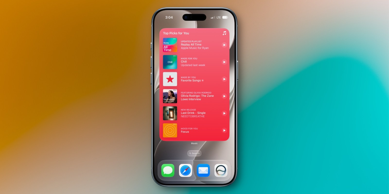 Большие виджеты Apple Music для iPhone. Виджет Apple Music теперь может занимать весь экран iPhone. Фото.