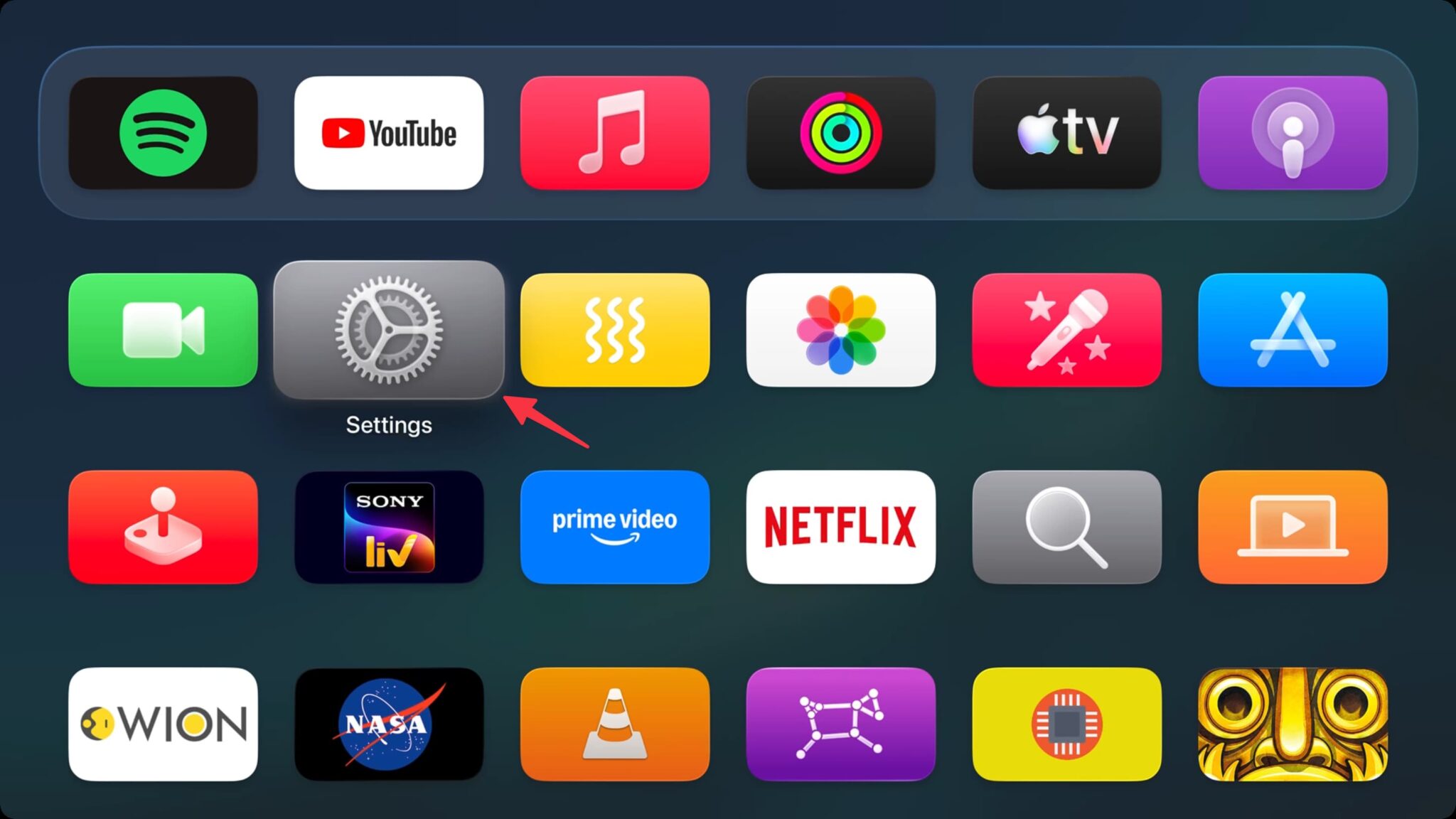 Как изменить размер текста на Apple TV. Перейдите в настройки. Фото.