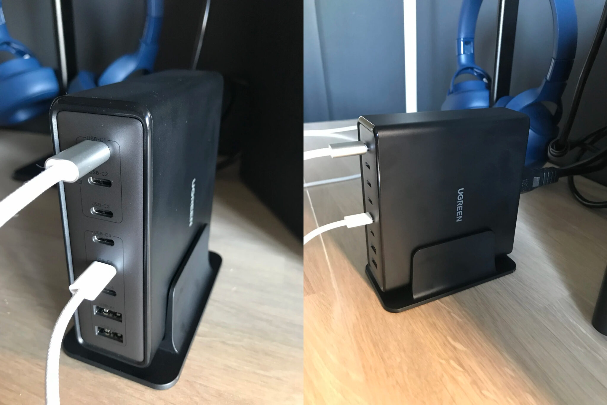 Как распределяется мощность между портами USB-C. На столе блок практически не занимает места. Фото.