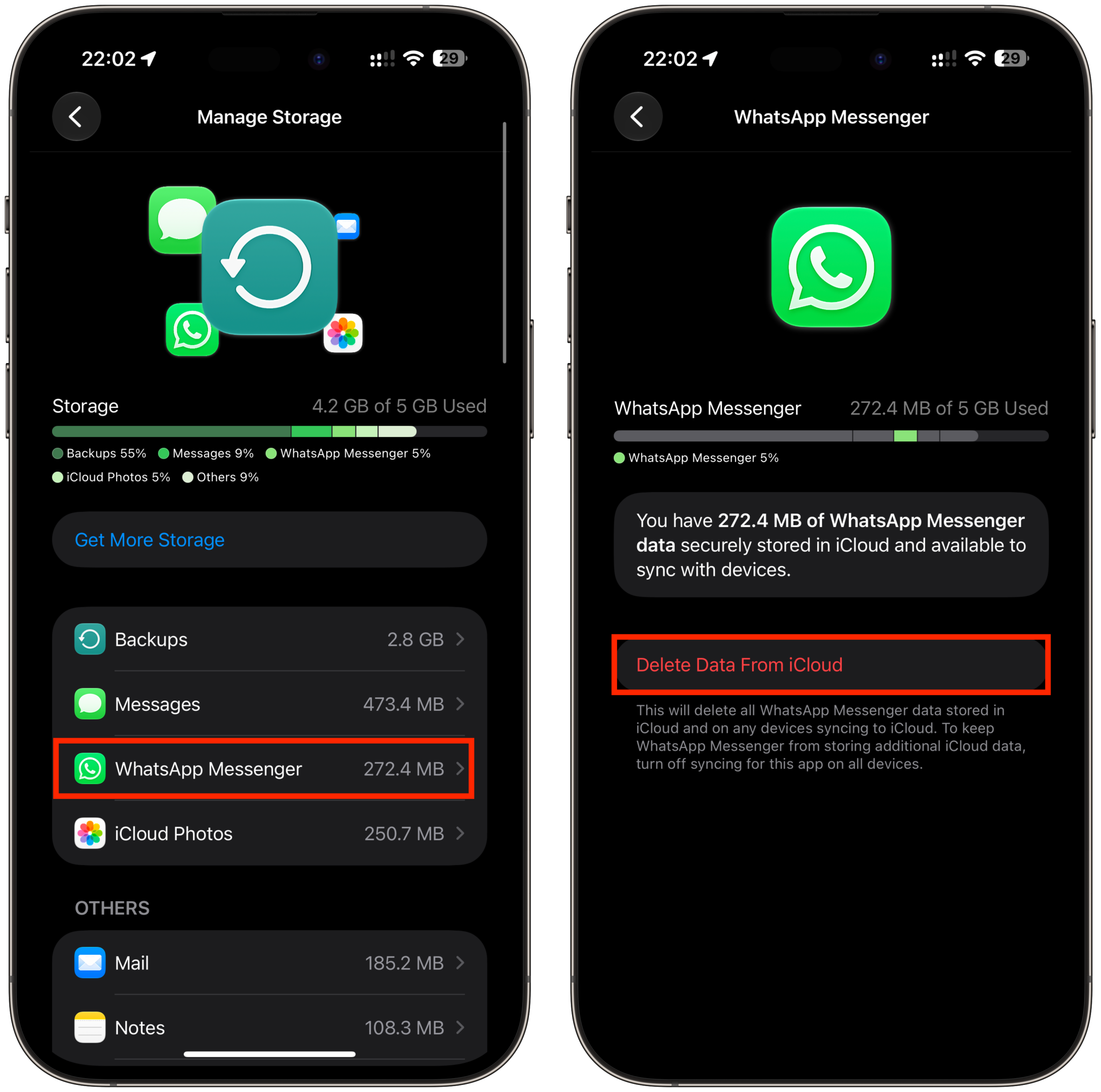 Что будет со старой резервной копией в iCloud. Резервную копию Ватсапа в iCloud можно будет удалить, но только после включения нового облака. Фото.