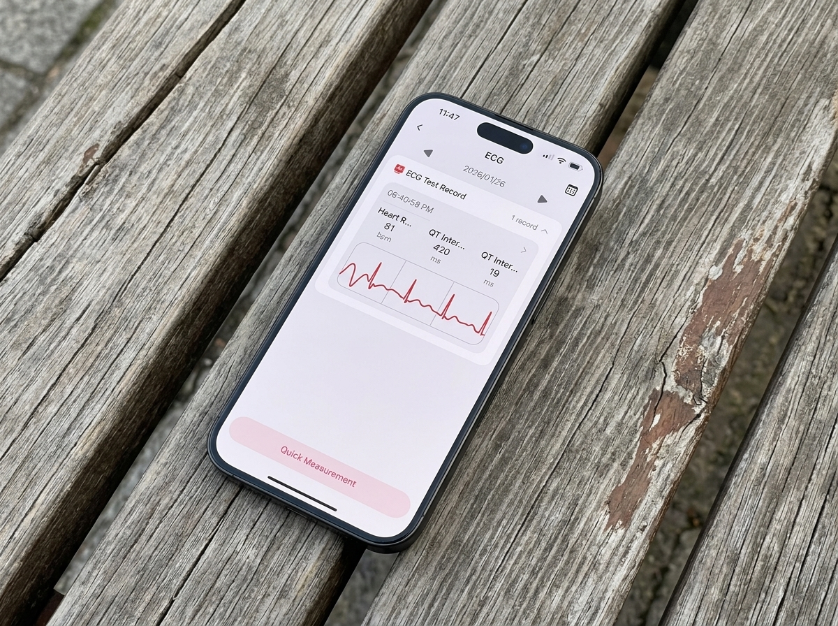 iPhone с приложением копии Whoop на деревянных досках: экран ECG