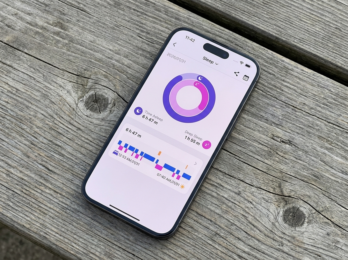 iPhone с приложением копии Whoop на деревянных досках: экран Sleep
