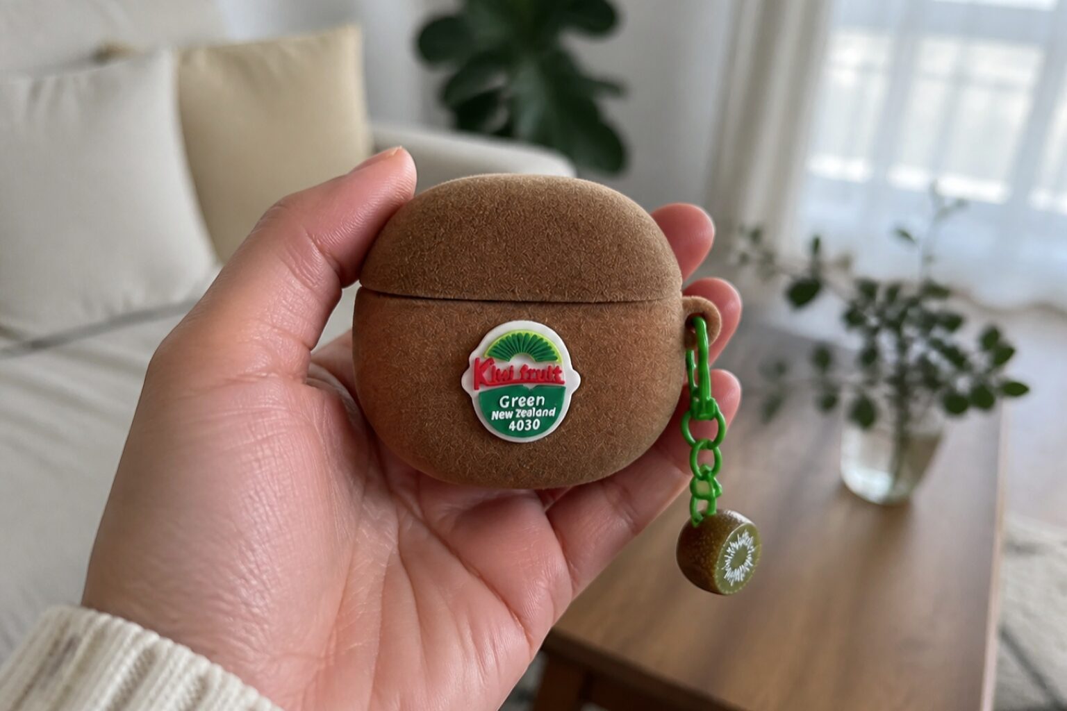 Закрытый чехол-киви для AirPods с зелёной подвеской