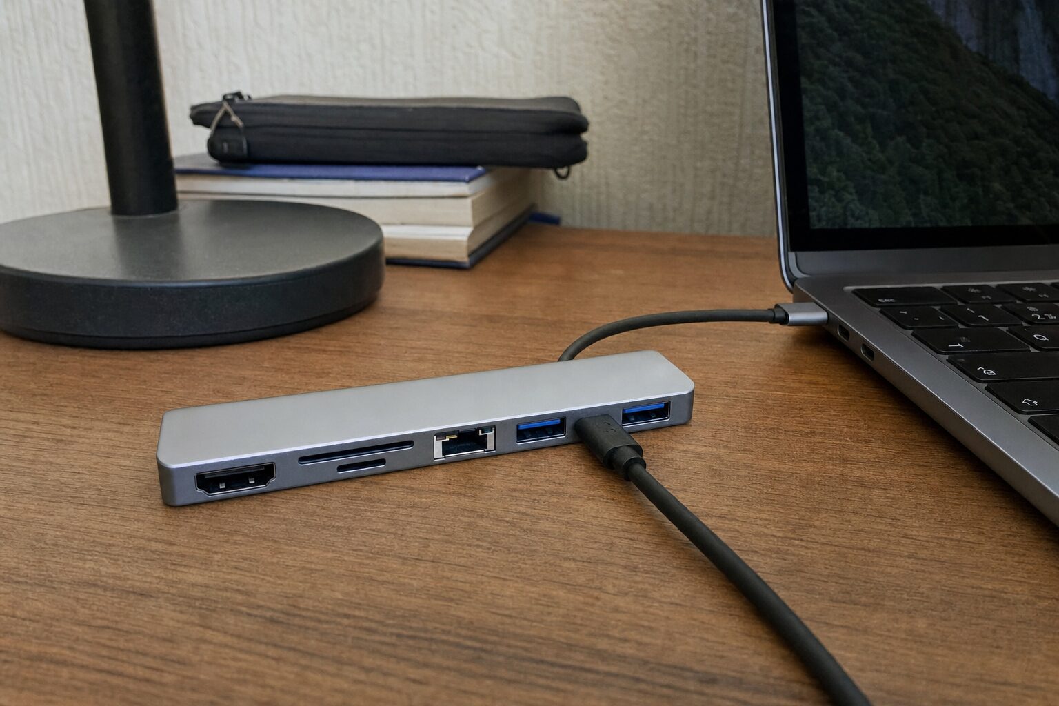Baseus 8-в-1 вместо четырёх переходников для Mac. Картридер, Ethernet, HDMI и зарядка — и всё это в одном корпусе размером с шоколадный батончик.. Фото.
