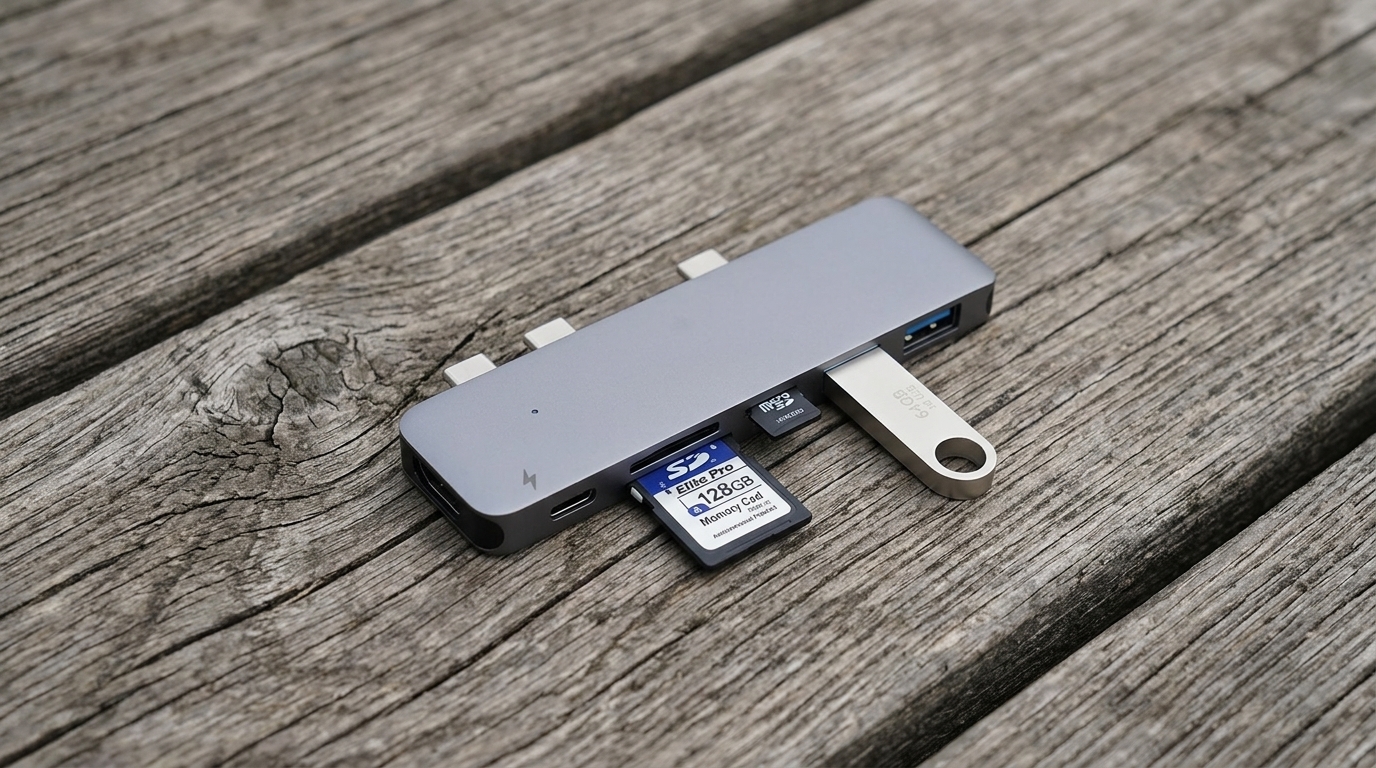 Кардридер с USB-A и слотом для SD — всё, что убрали из MacBook Air. SD-карту из камеры теперь не нужно искать, куда воткнуть. Фото.