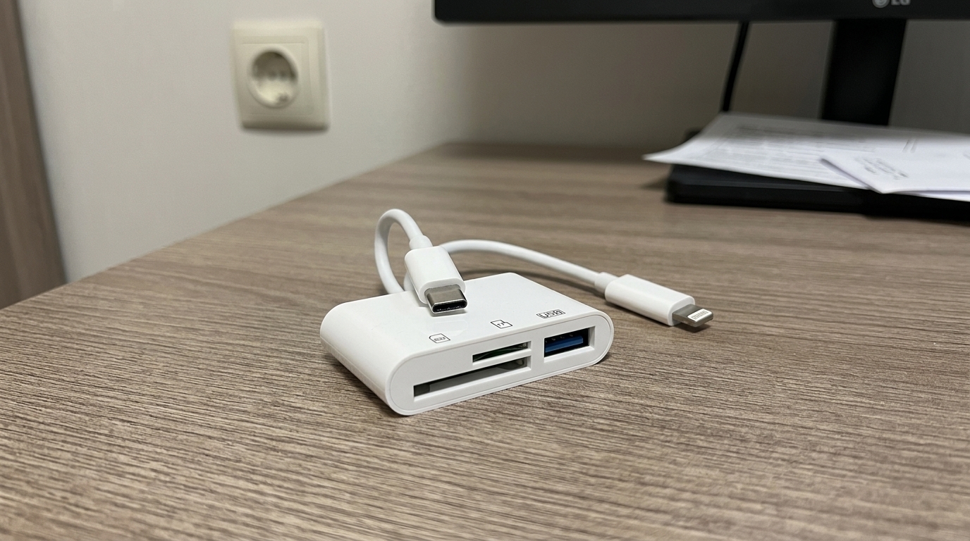 Кардридер SD/TF с Lightning для старых iPhone и iPad. Для тех, кто ещё на Lightning — такой кардридер решает вопрос без лишних переходников.. Фото.