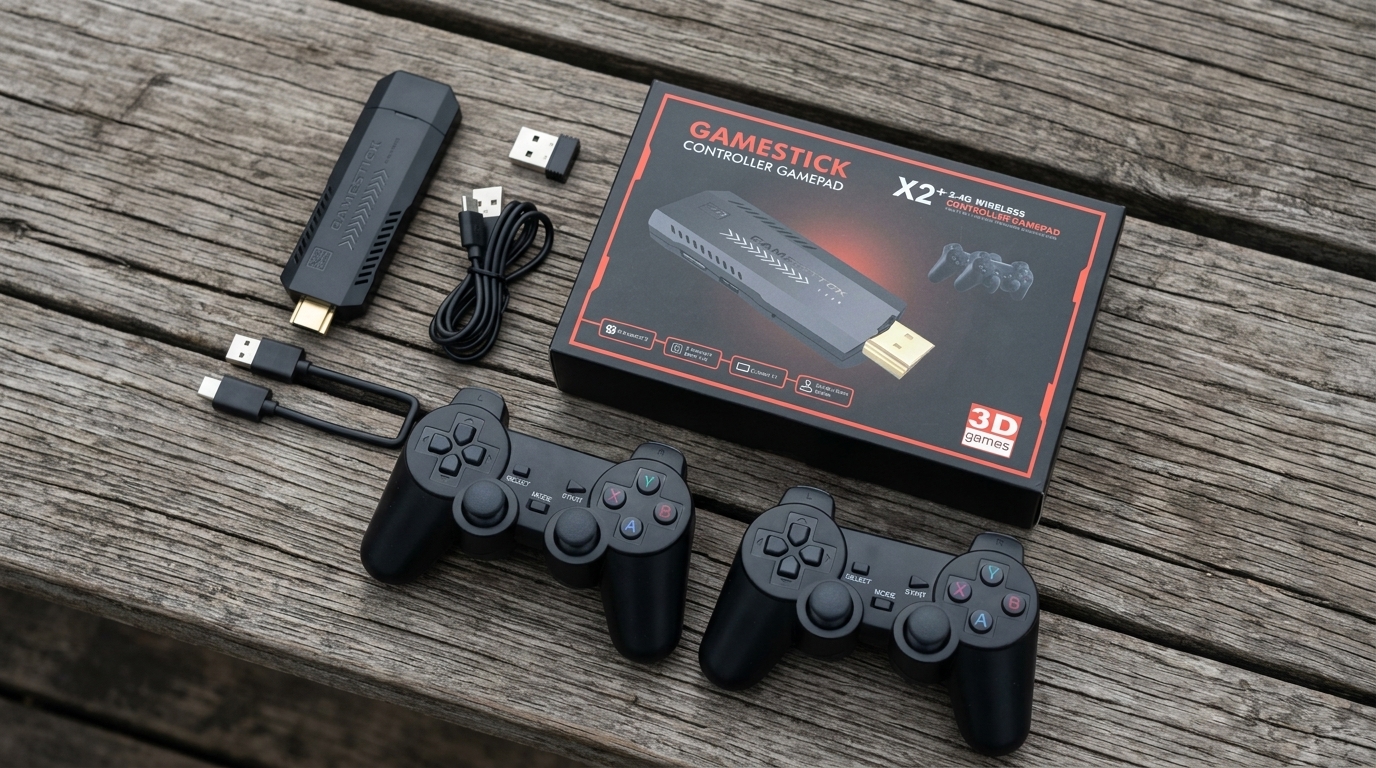 Консоль X2 Plus с HDMI-выходом на телевизор в формате 4K. Коробочка размером с флешку, а внутри — 40 000 игр и 50 эмуляторов. Фото.