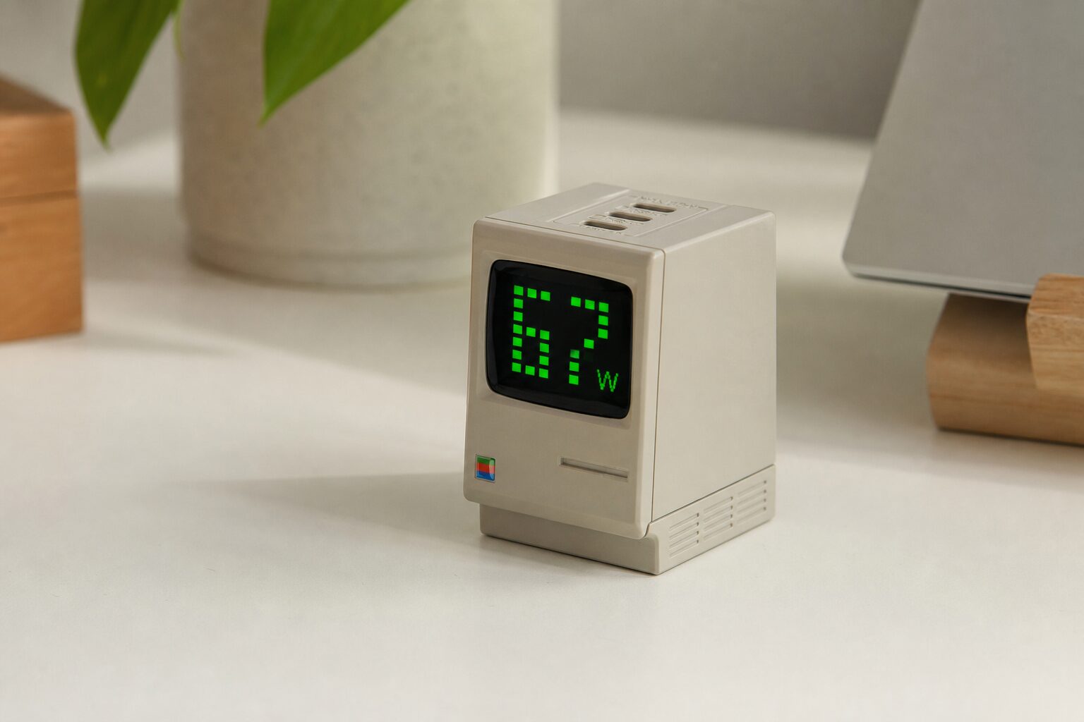 Зарядка Sharge Retro 67 вместо скучного белого кубика. Показывает реальные ватты — впервые зарядку не стыдно оставить на столе.. Фото.
