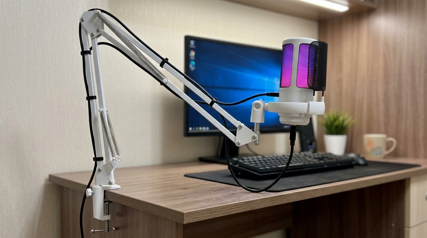 Конденсаторный микрофон на пантографе для созвонов и стримов. USB-микрофон с поп-фильтром и подсветкой, крепится на кронштейн к столу.. Фото.