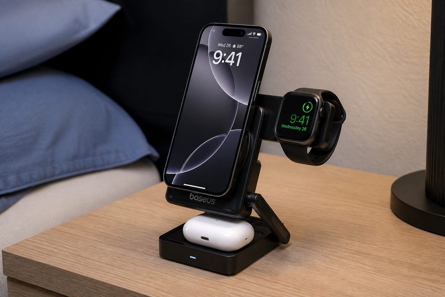 iPhone, Apple Watch и AirPods на зарядной станции Baseus
