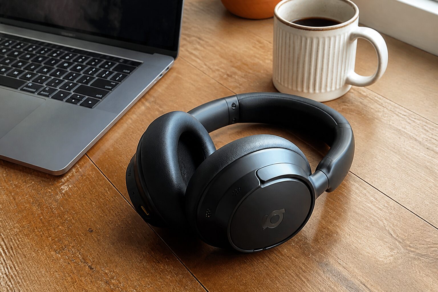 Чёрные полноразмерные наушники Baseus Bass BH1 NC Lite на домашнем столе