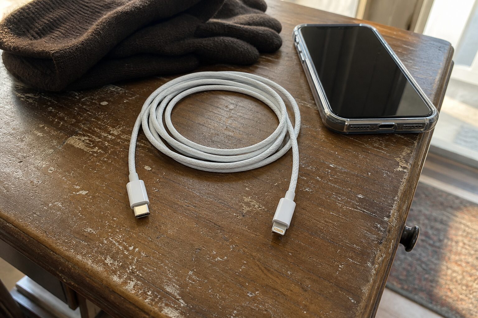 Белый плетёный кабель USB-C—Lightning рядом с iPhone